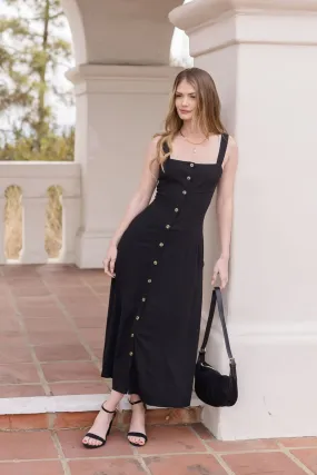 Carolyn Sleeveless Linen Button Down Front Midi Dress Black