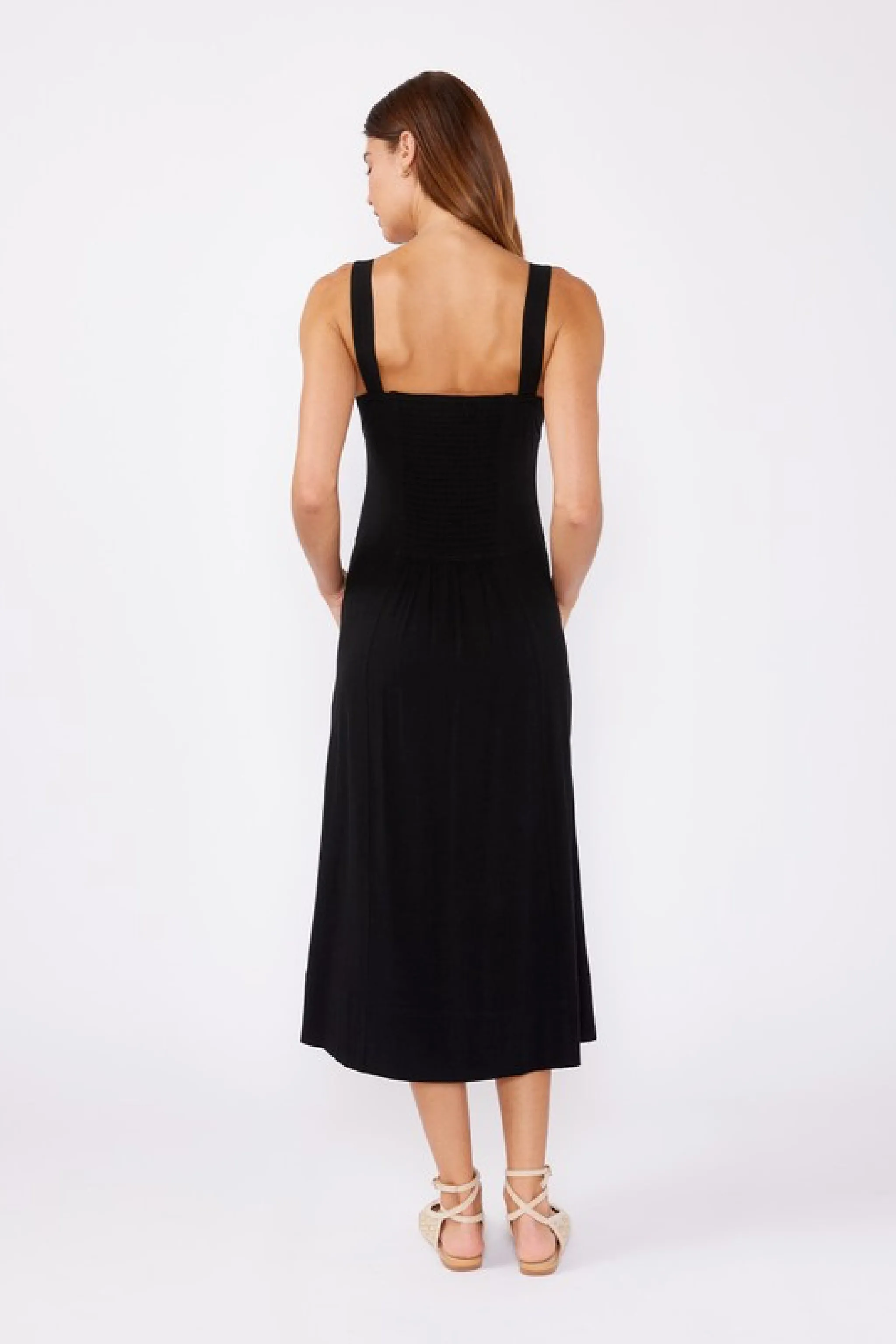 Carolyn Sleeveless Linen Button Down Front Midi Dress Black
