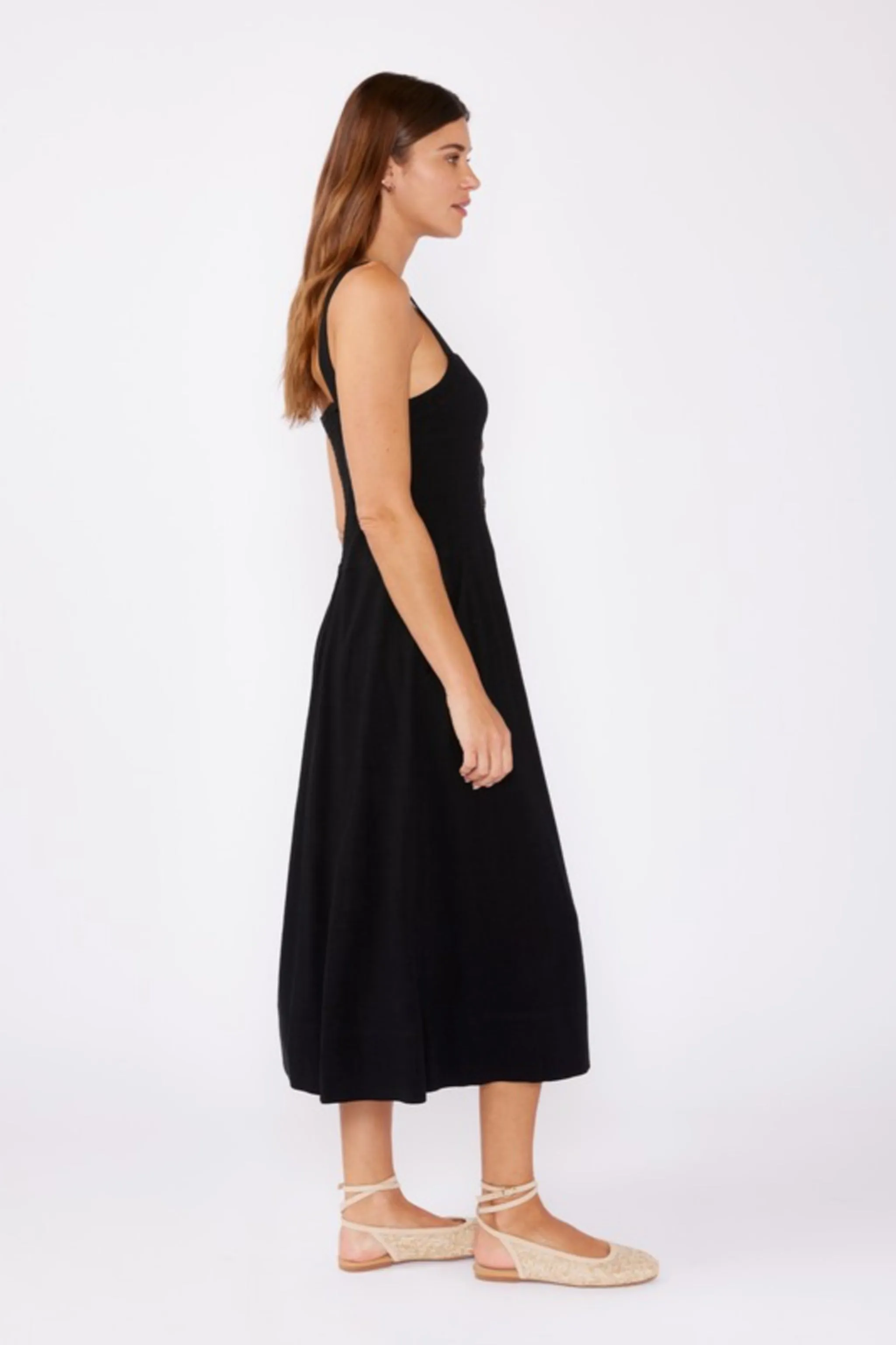 Carolyn Sleeveless Linen Button Down Front Midi Dress Black