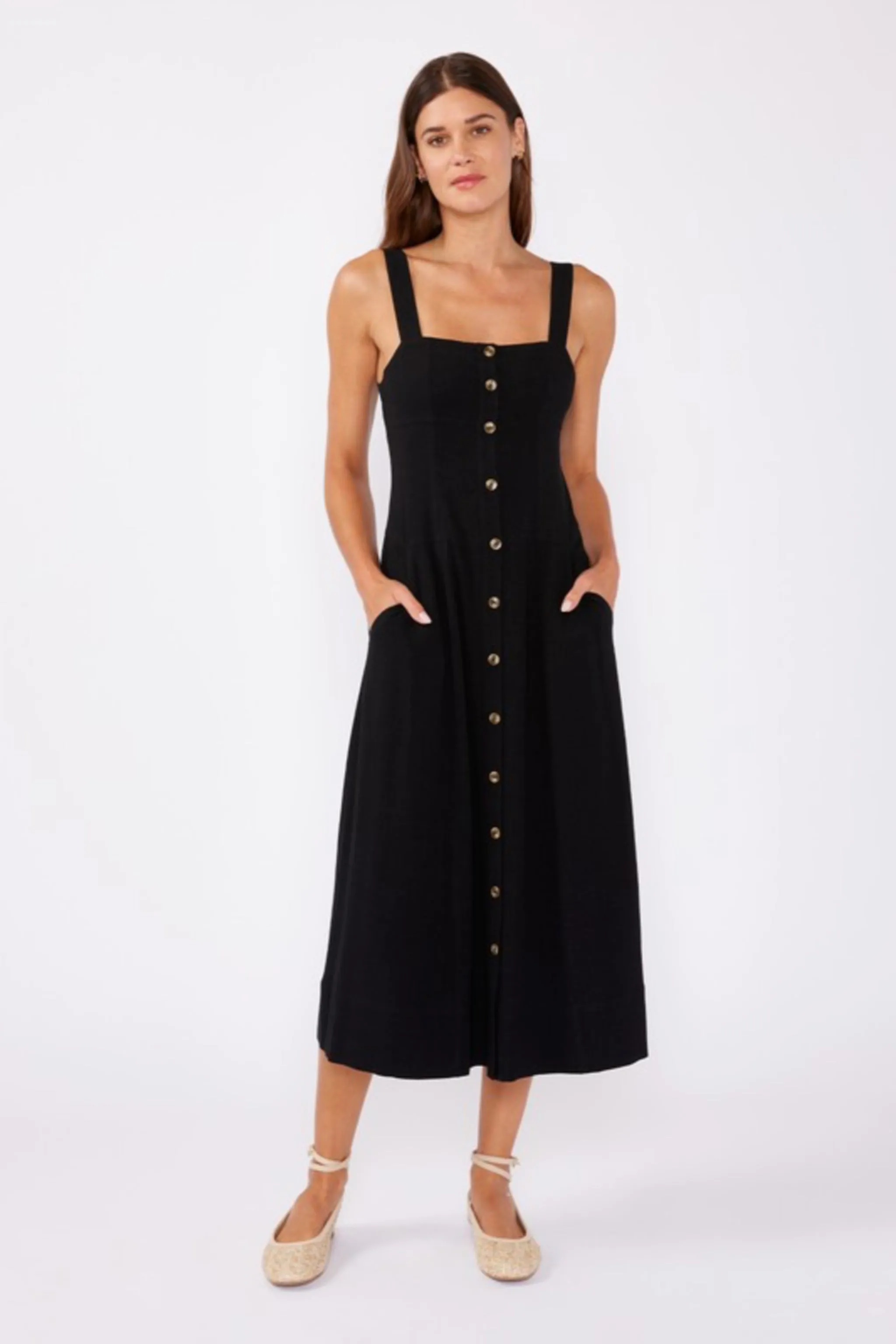 Carolyn Sleeveless Linen Button Down Front Midi Dress Black