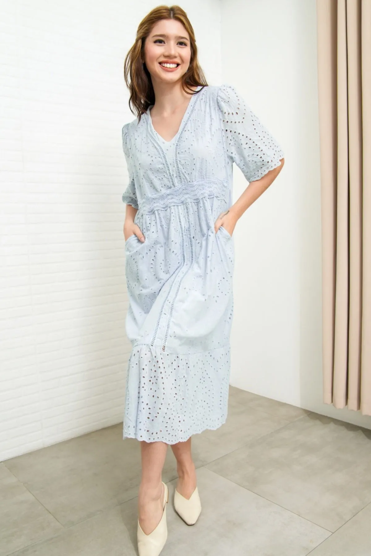 CERYS V-Neck Flutter-Sleeve Eyelet Dress (Powder Blue)