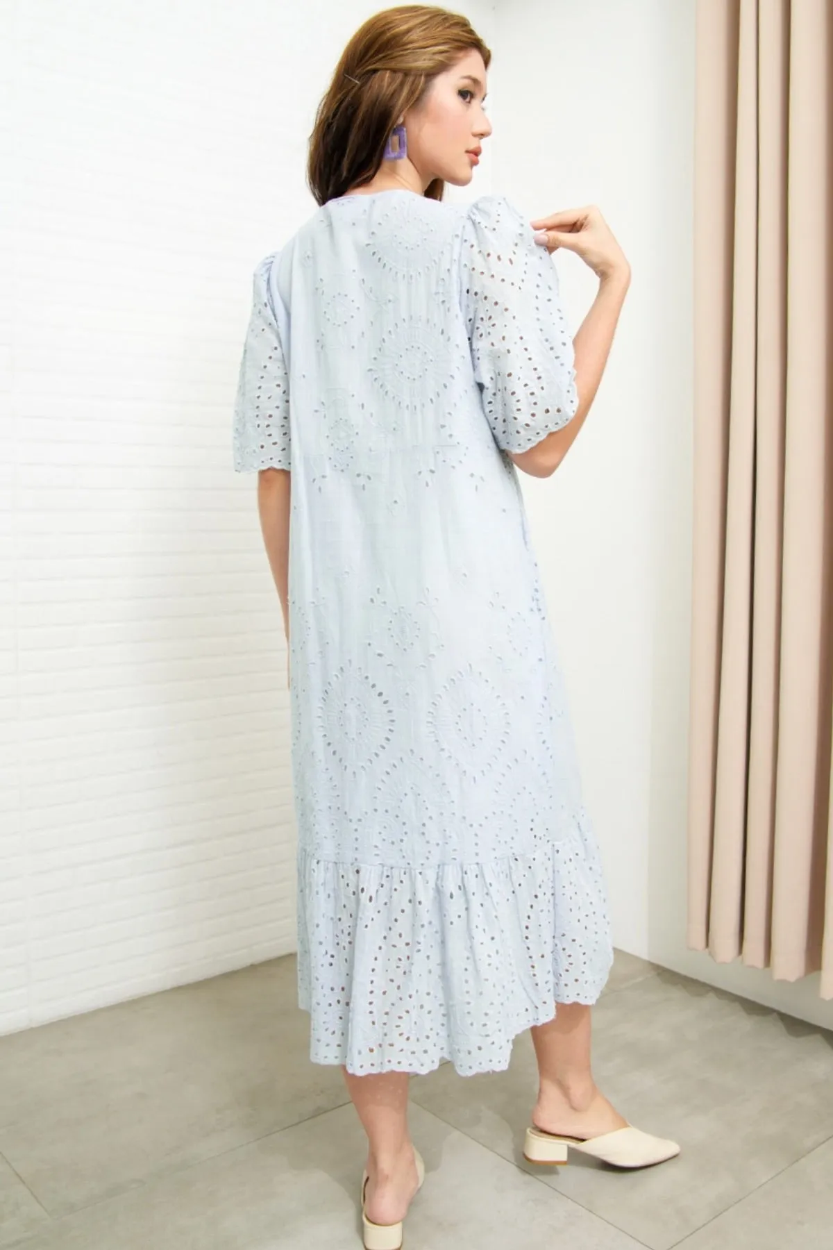 CERYS V-Neck Flutter-Sleeve Eyelet Dress (Powder Blue)