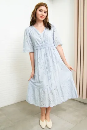 CERYS V-Neck Flutter-Sleeve Eyelet Dress (Powder Blue)