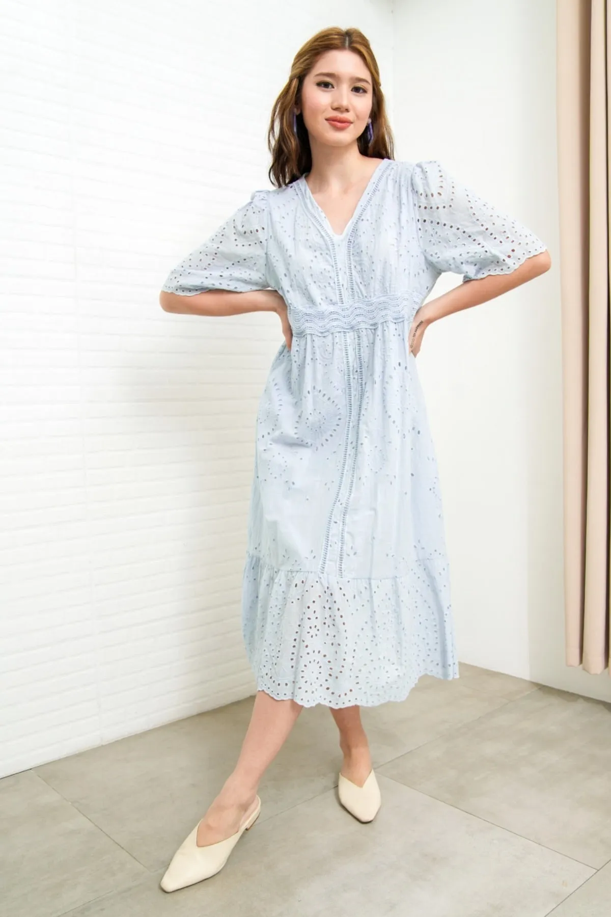 CERYS V-Neck Flutter-Sleeve Eyelet Dress (Powder Blue)