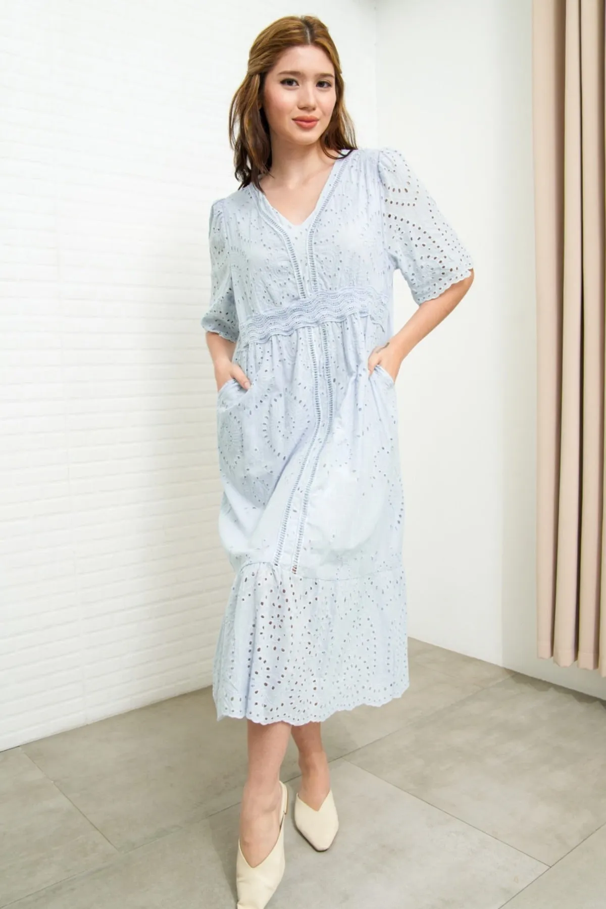 CERYS V-Neck Flutter-Sleeve Eyelet Dress (Powder Blue)