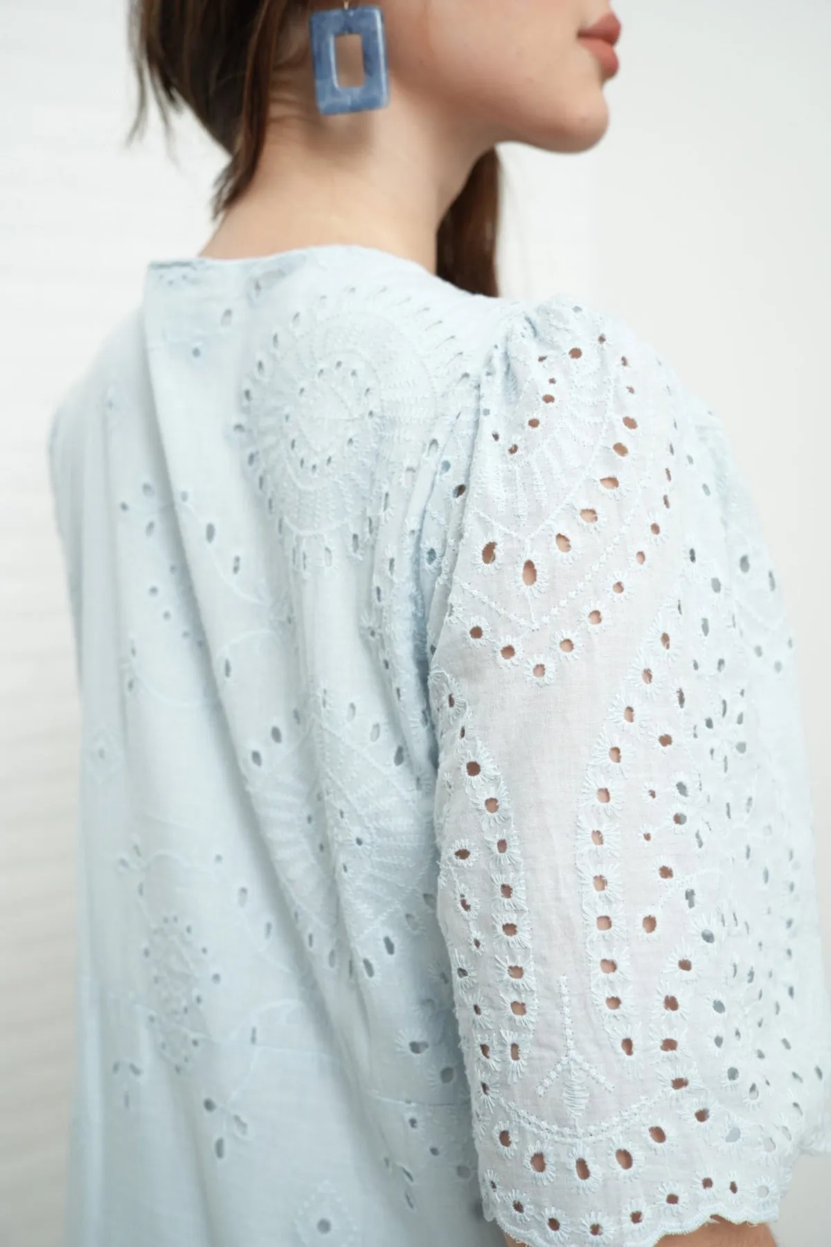 CERYS V-Neck Flutter-Sleeve Eyelet Dress (Powder Blue)