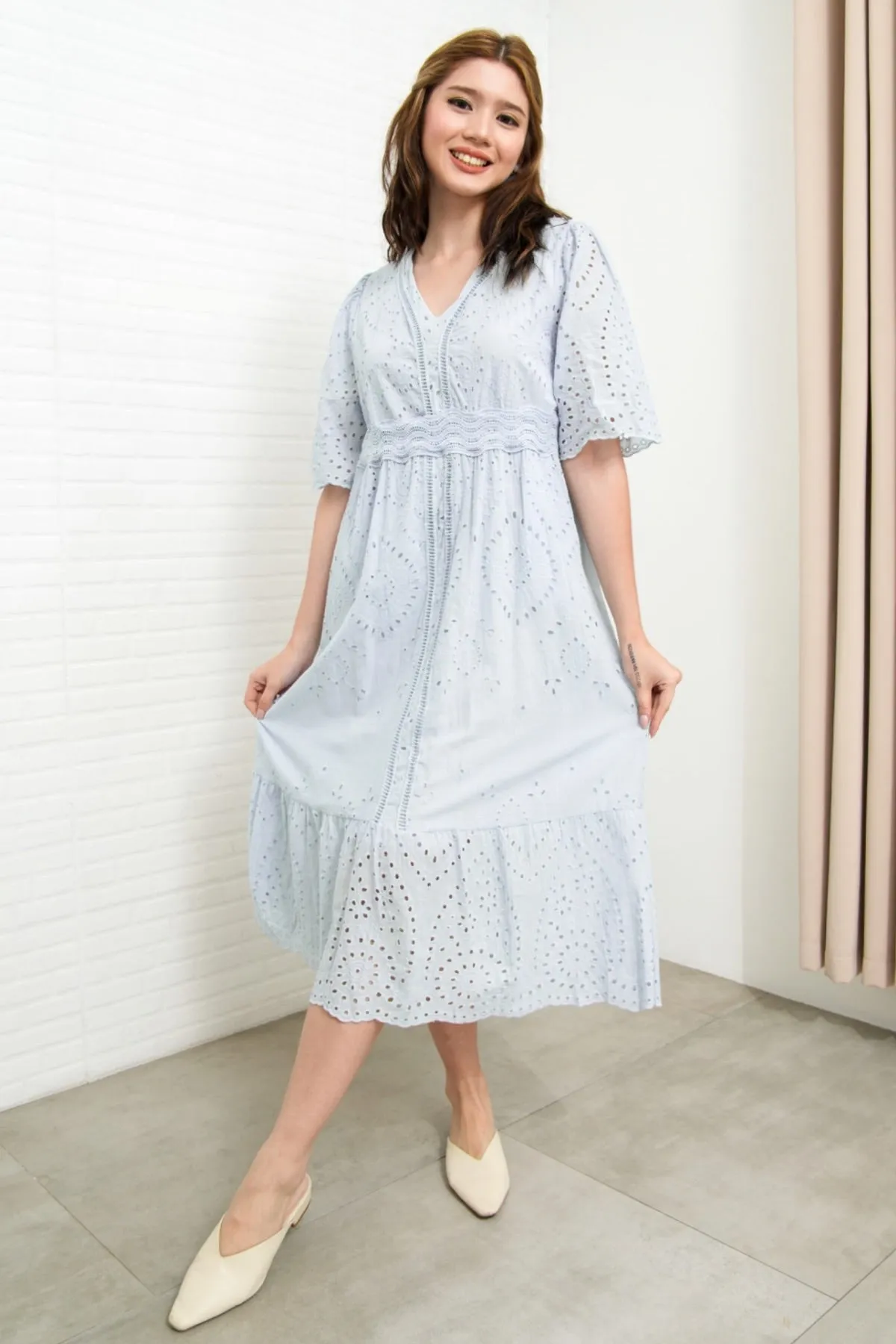 CERYS V-Neck Flutter-Sleeve Eyelet Dress (Powder Blue)
