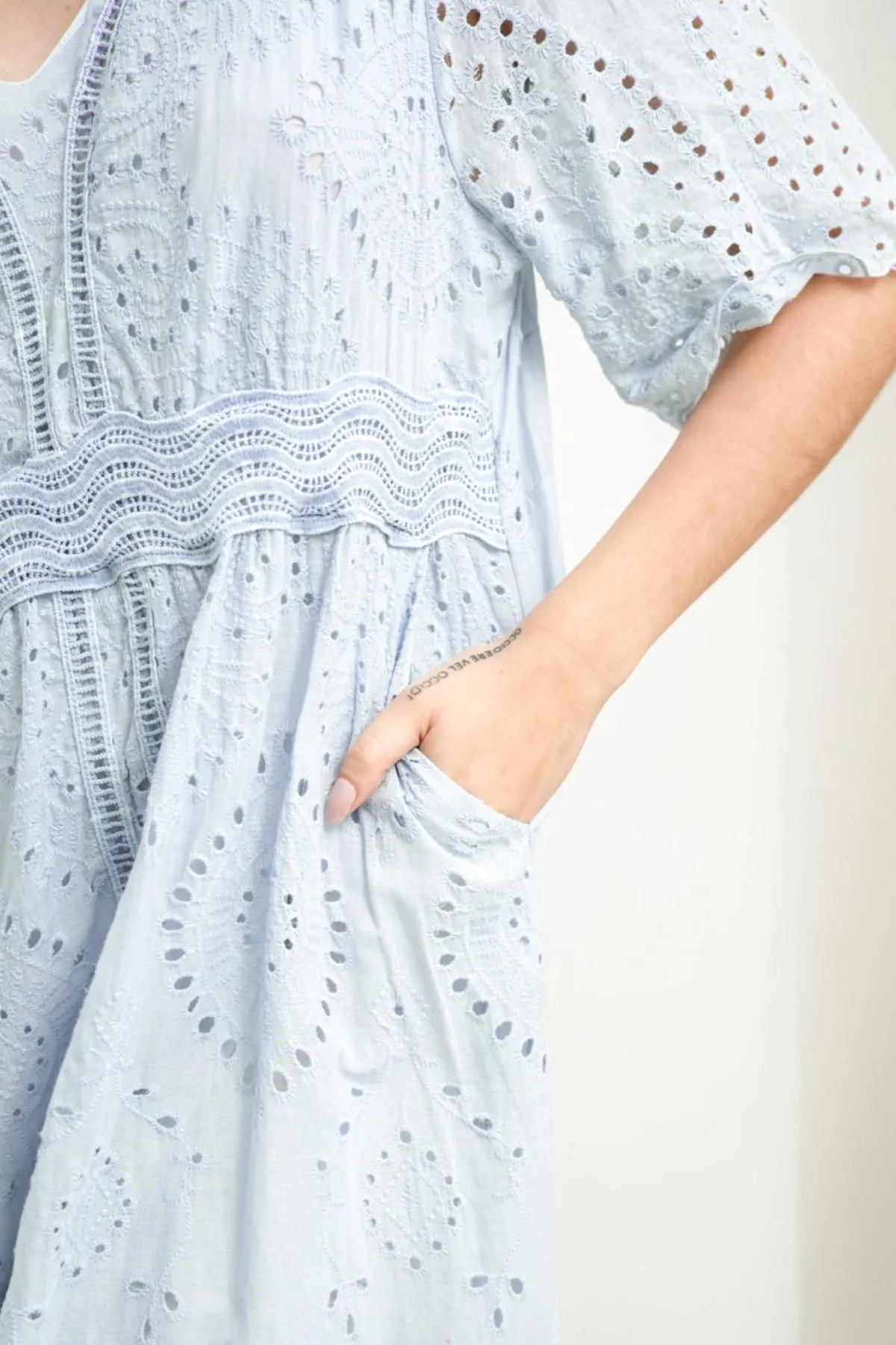 CERYS V-Neck Flutter-Sleeve Eyelet Dress (Powder Blue)