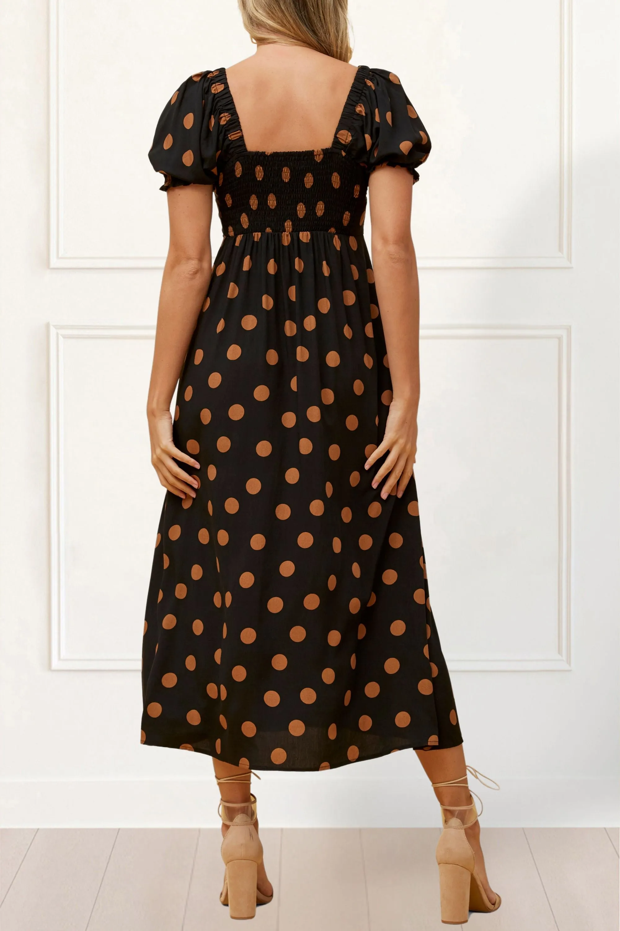 Charlotte Polka Dot Midi Dress - Puff Sleeve, Bow Tie Front, Pockets