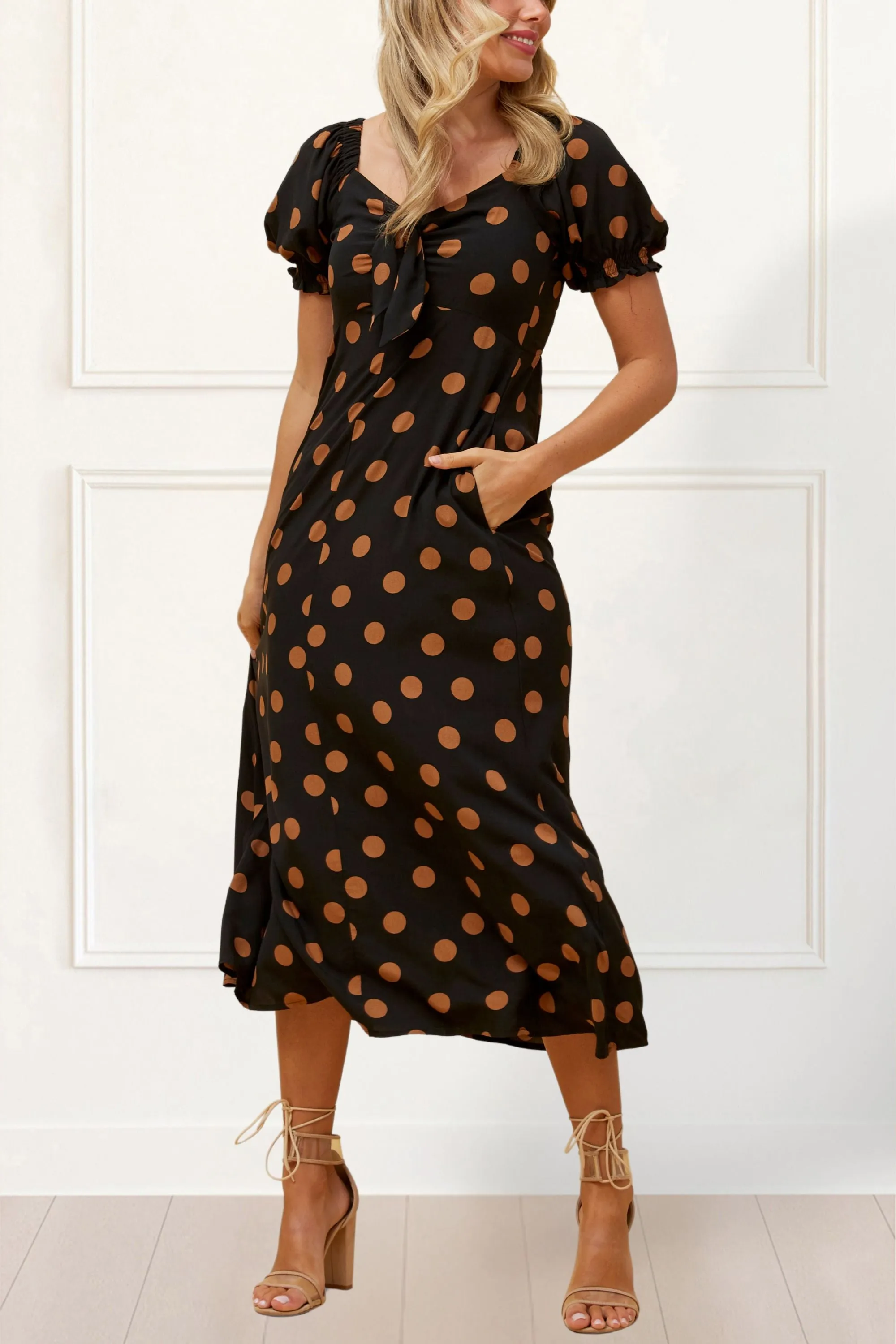 Charlotte Polka Dot Midi Dress - Puff Sleeve, Bow Tie Front, Pockets