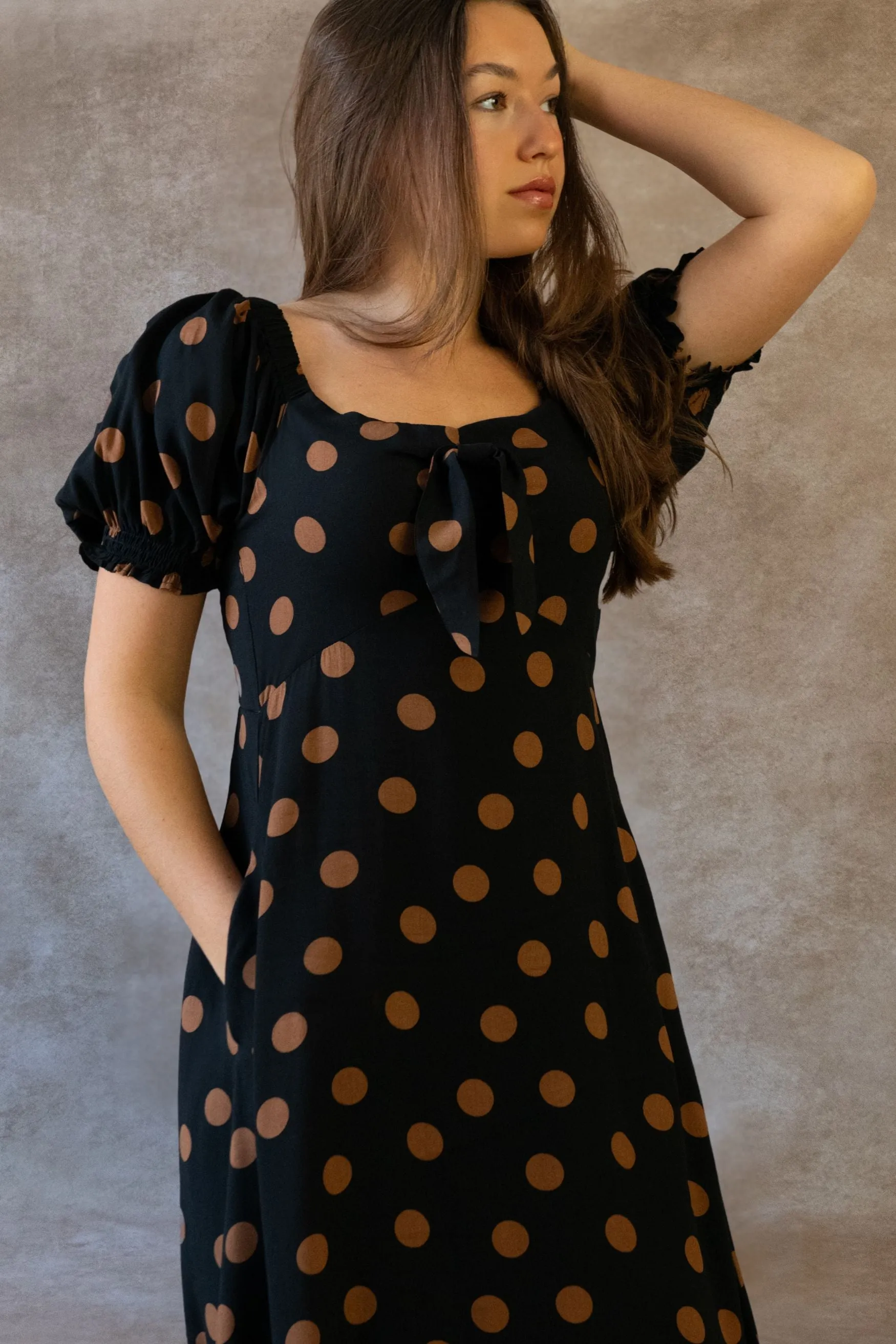 Charlotte Polka Dot Midi Dress - Puff Sleeve, Bow Tie Front, Pockets