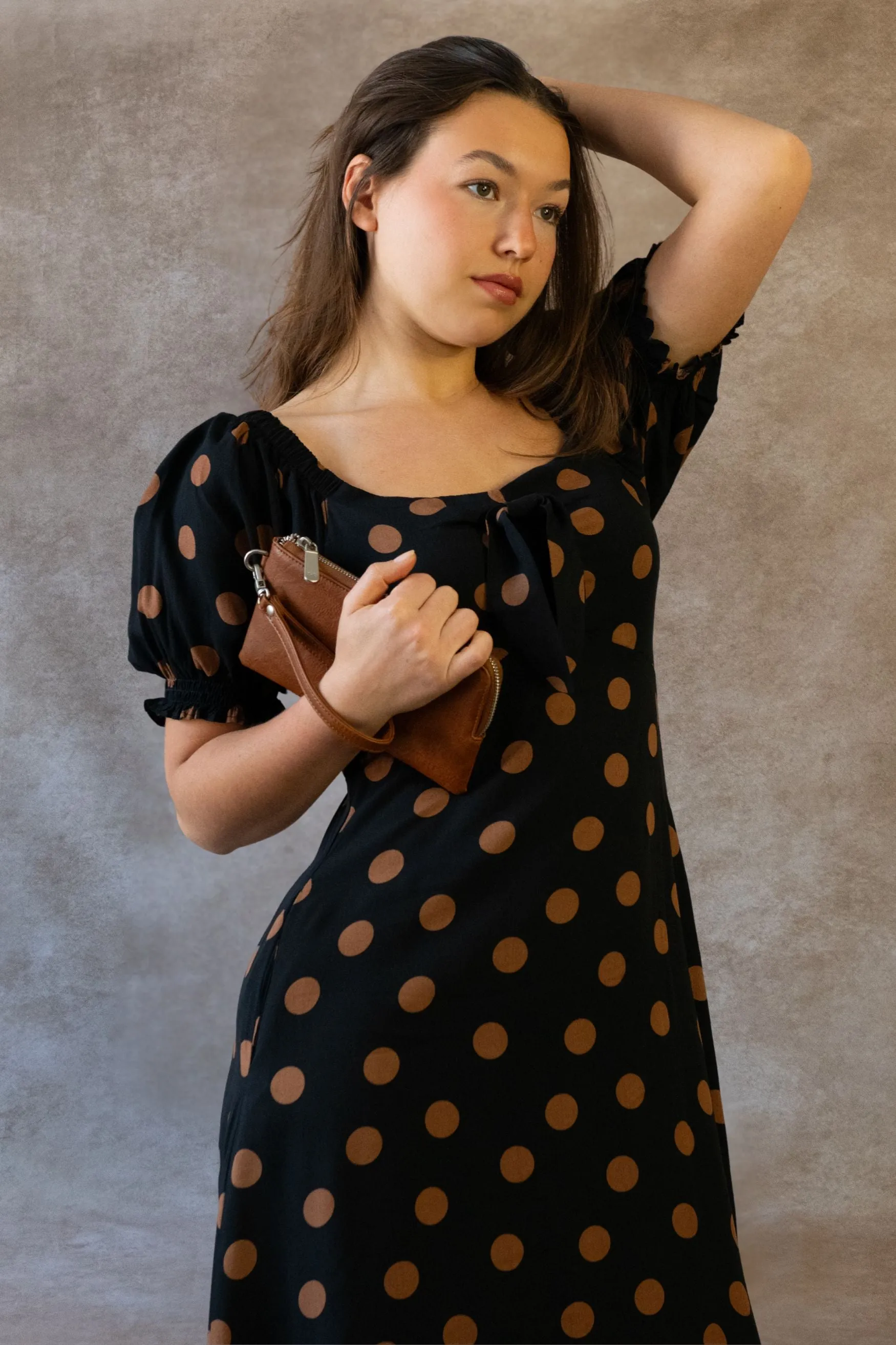 Charlotte Polka Dot Midi Dress - Puff Sleeve, Bow Tie Front, Pockets