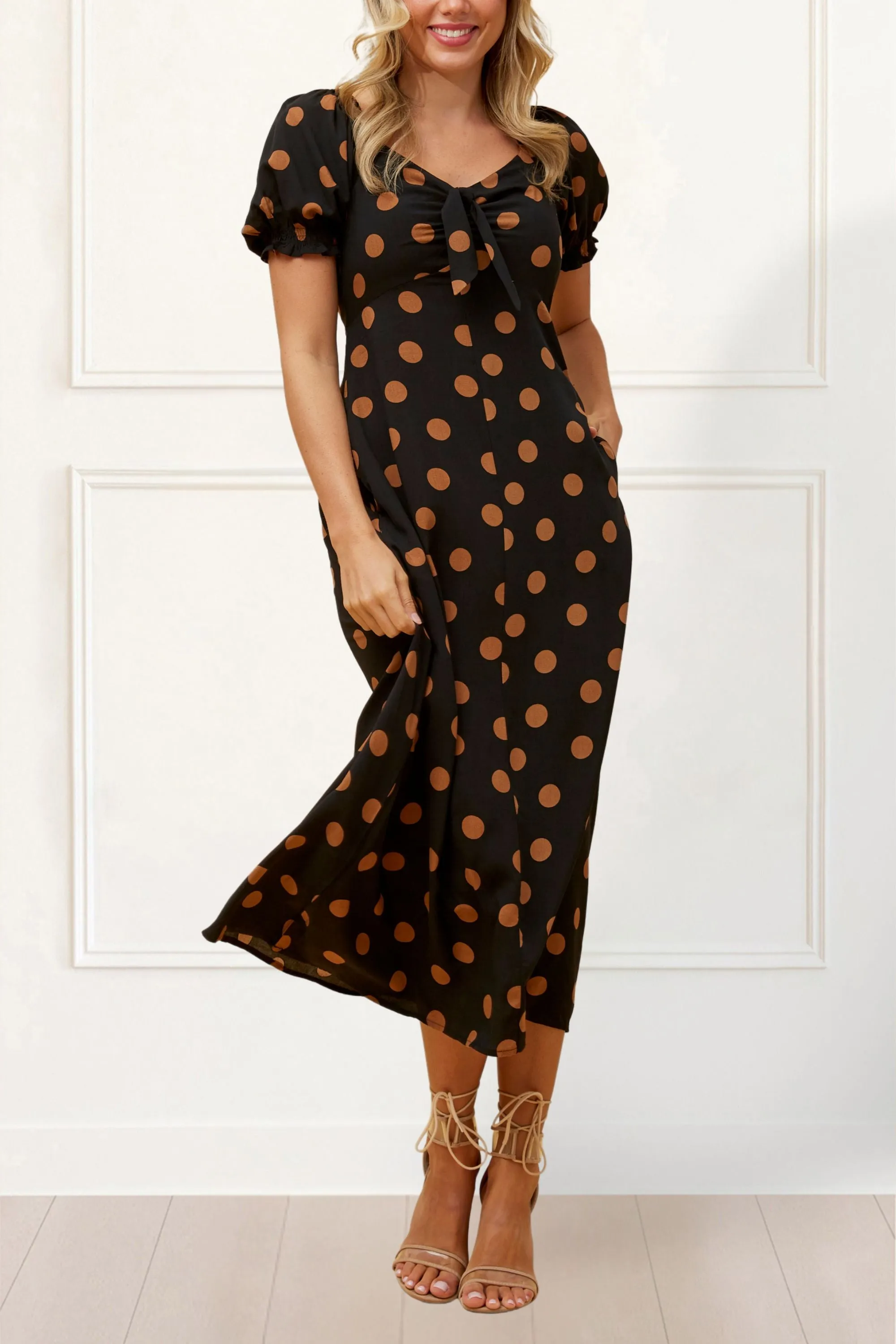 Charlotte Polka Dot Midi Dress - Puff Sleeve, Bow Tie Front, Pockets
