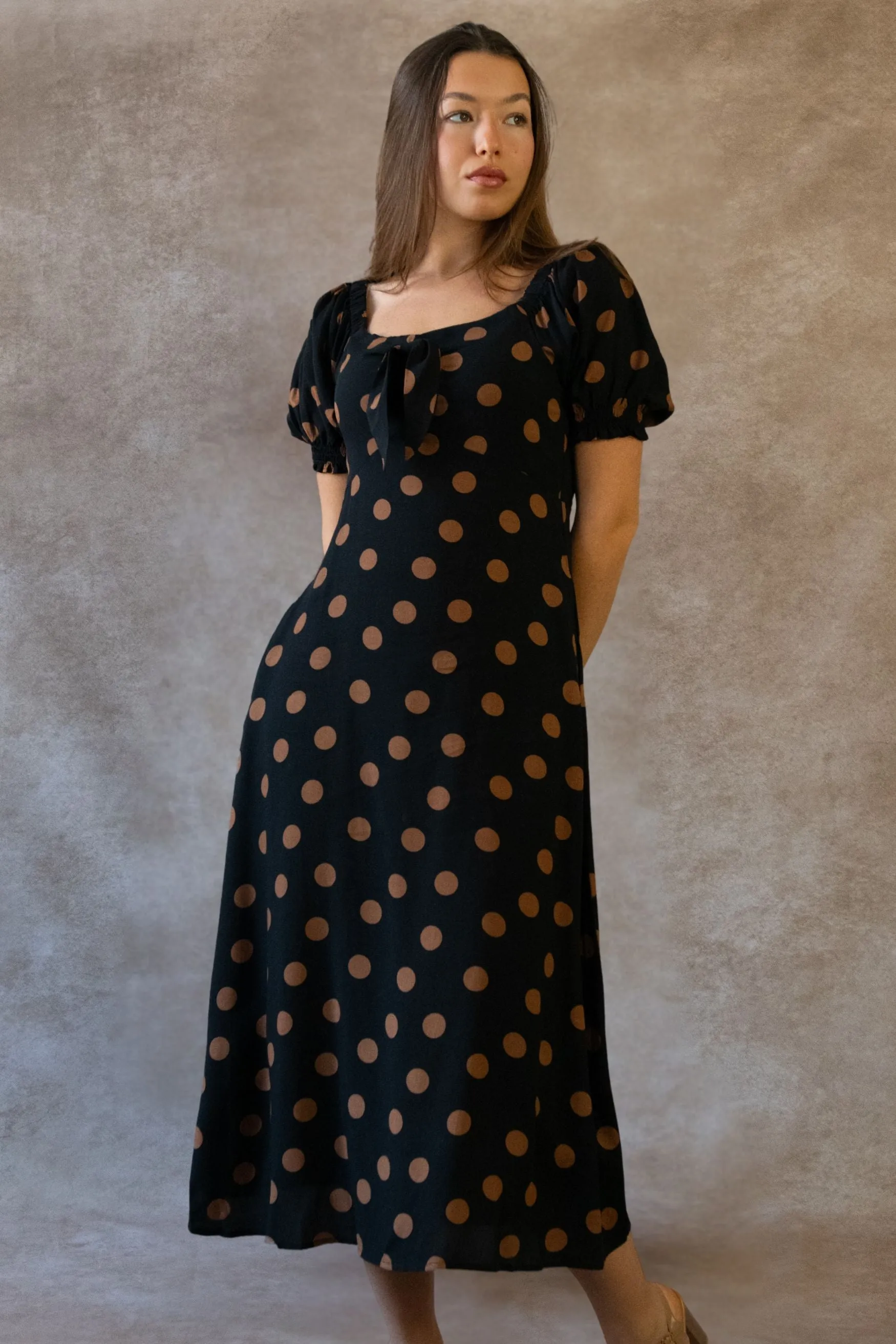 Charlotte Polka Dot Midi Dress - Puff Sleeve, Bow Tie Front, Pockets