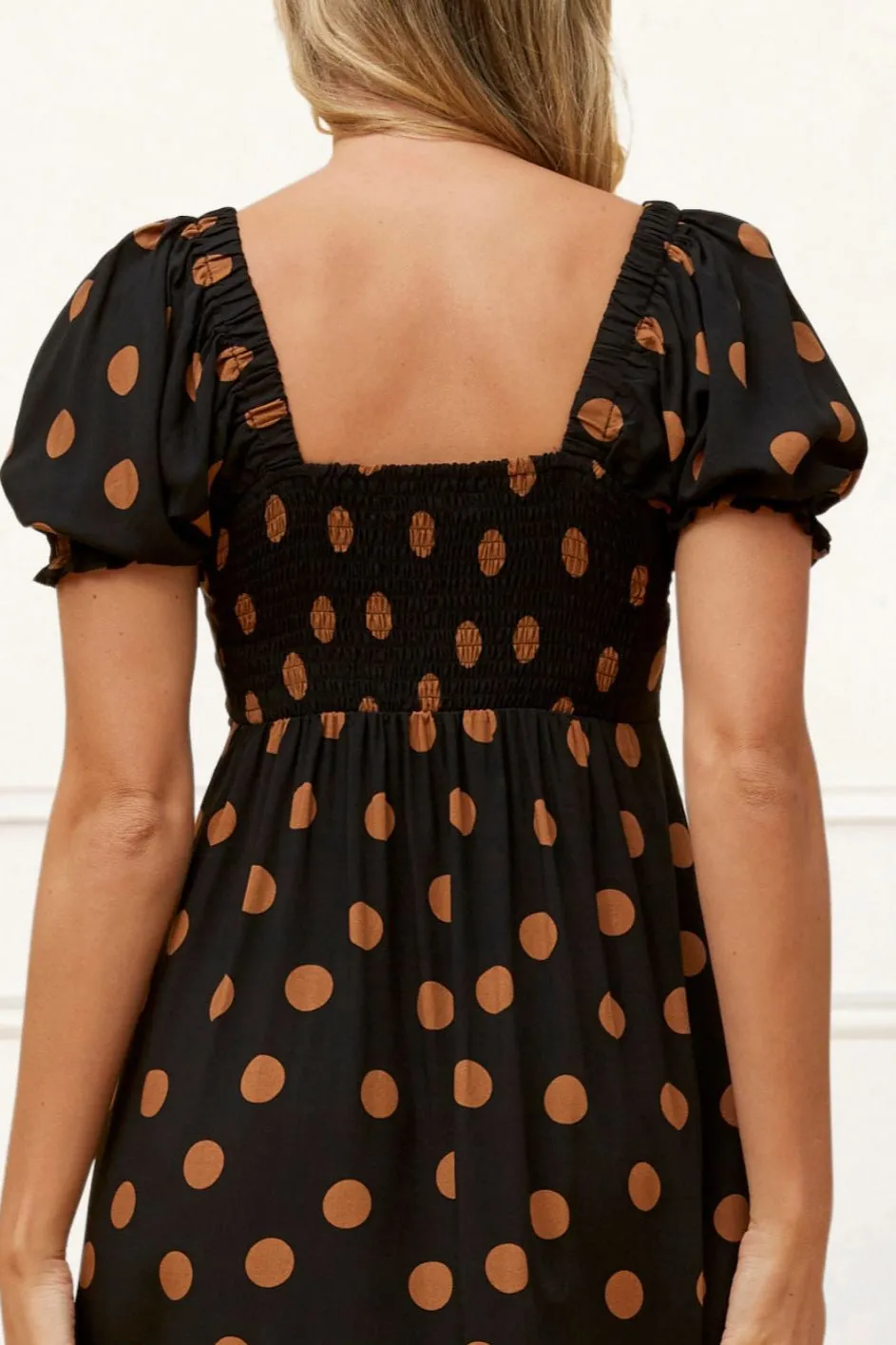 Charlotte Polka Dot Midi Dress - Puff Sleeve, Bow Tie Front, Pockets