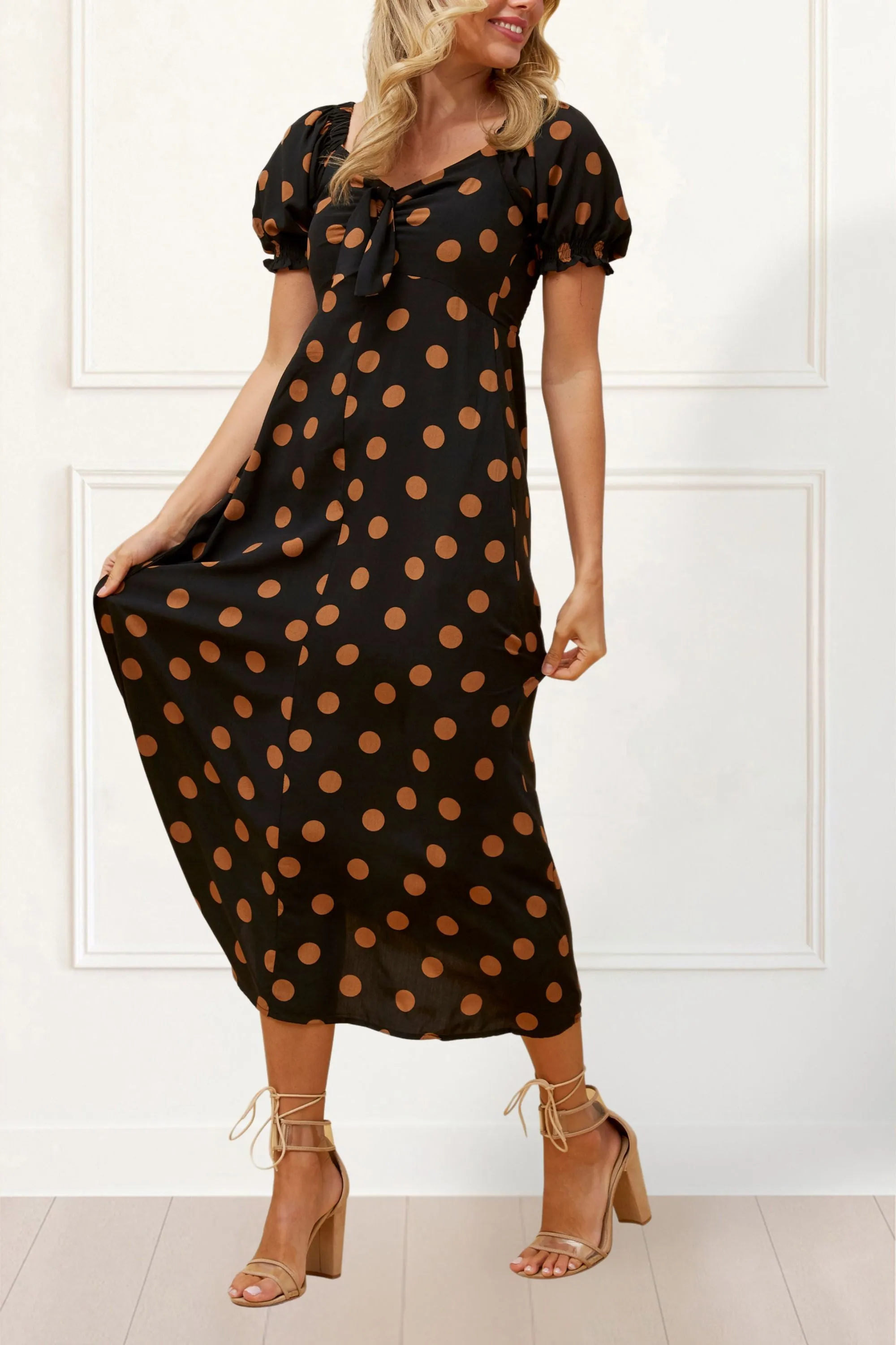 Charlotte Polka Dot Midi Dress - Puff Sleeve, Bow Tie Front, Pockets