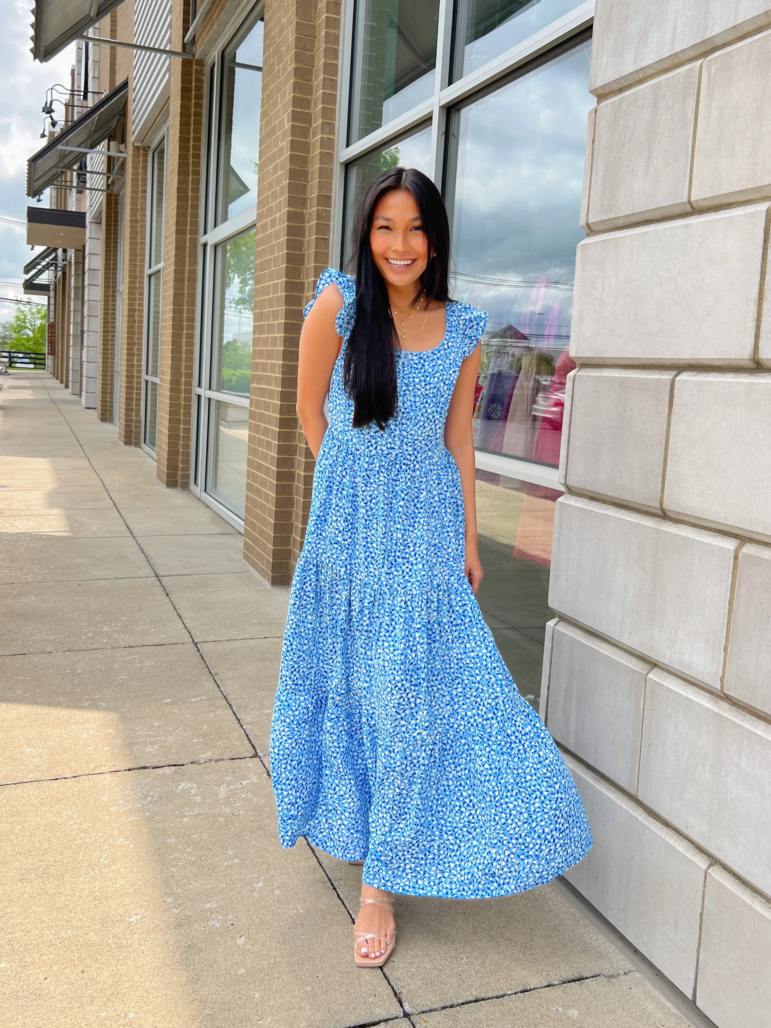 Cheetah Print Flutter Slv Tiered Maxi Dress