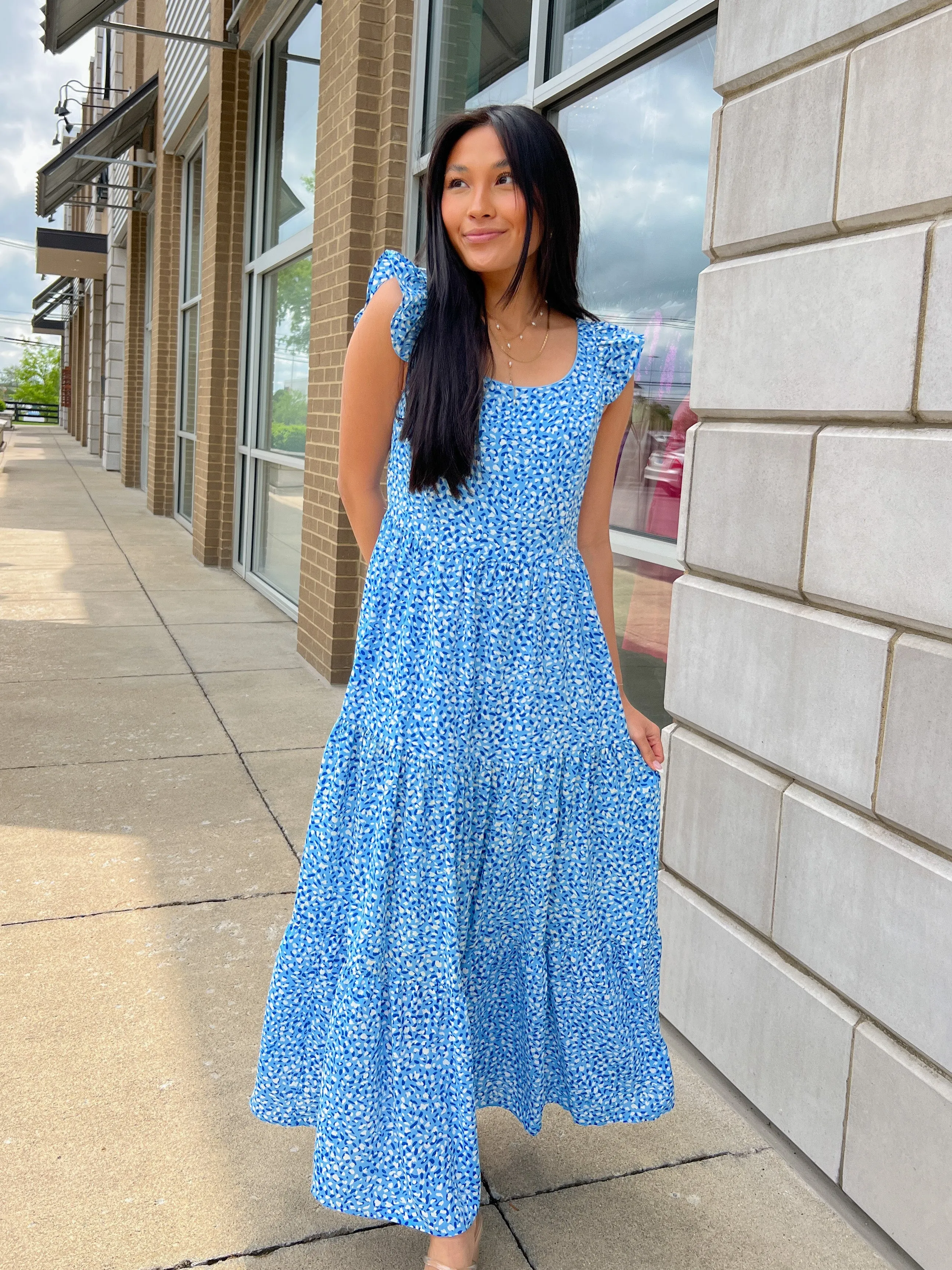 Cheetah Print Flutter Slv Tiered Maxi Dress