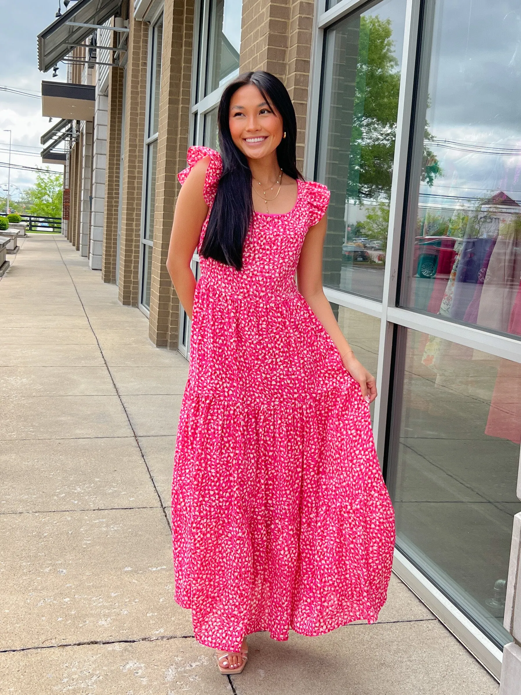 Cheetah Print Flutter Slv Tiered Maxi Dress