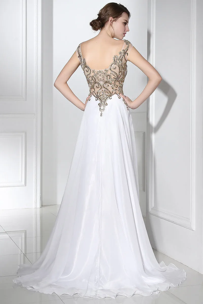 Chic White Chiffon Beaded Long Prom Dress