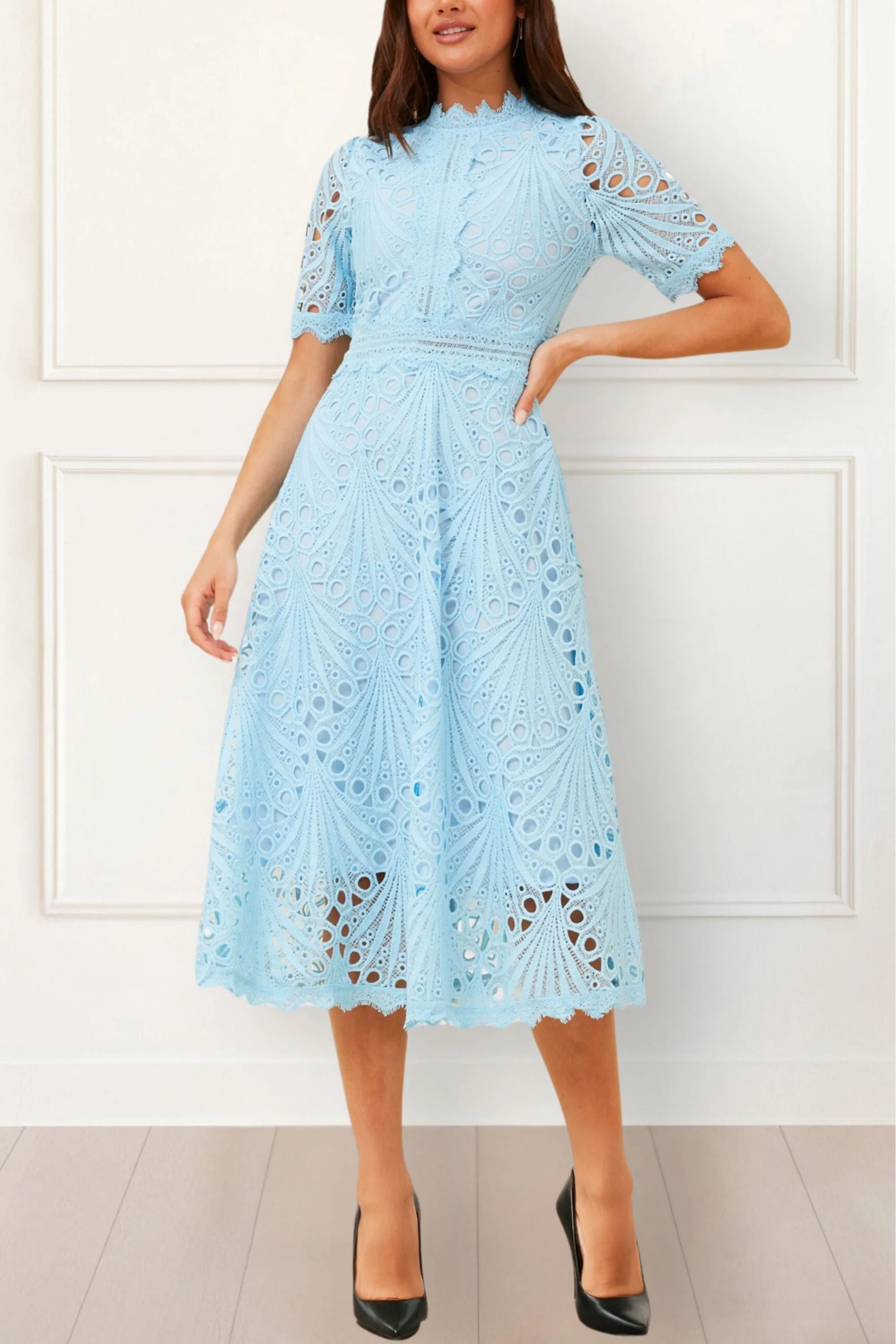 Claire Elegant Lace Midi Dress - Short Sleeve, High Neck, A-Line, Formal