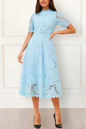 Claire Elegant Lace Midi Dress - Short Sleeve, High Neck, A-Line, Formal