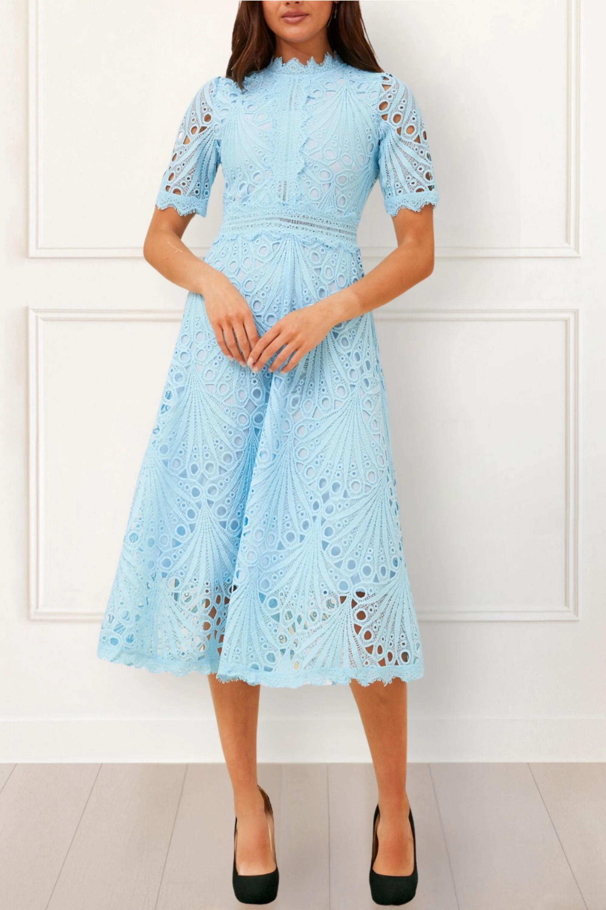 Claire Elegant Lace Midi Dress - Short Sleeve, High Neck, A-Line, Formal