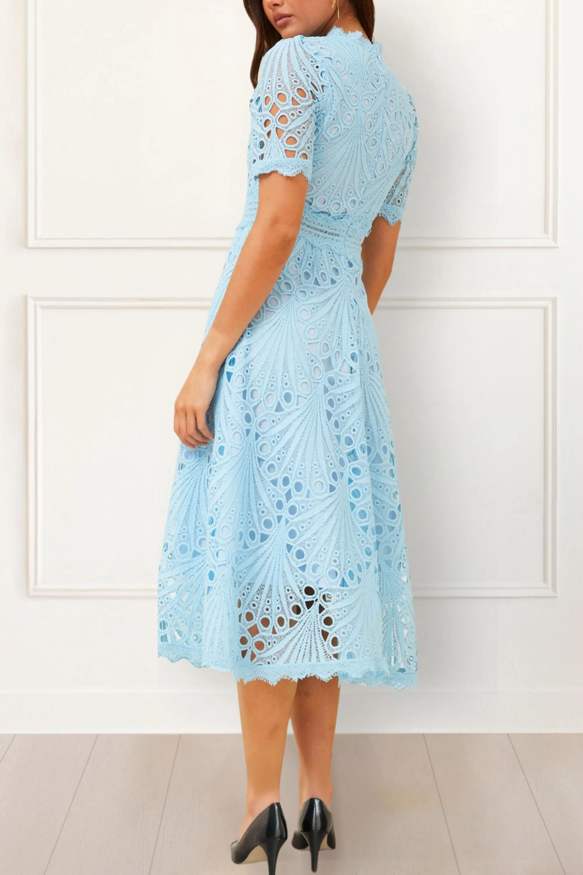 Claire Elegant Lace Midi Dress - Short Sleeve, High Neck, A-Line, Formal
