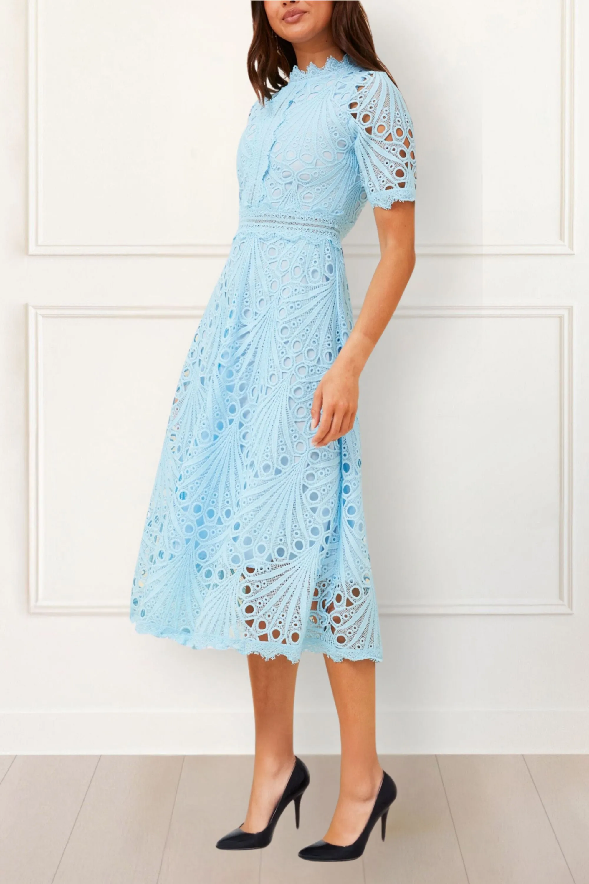 Claire Elegant Lace Midi Dress - Short Sleeve, High Neck, A-Line, Formal