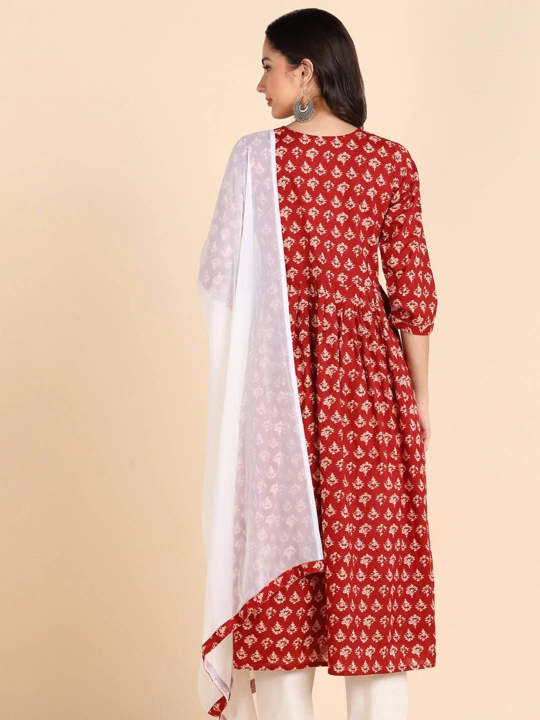 Classic Print Embroidered Nyra Cut Kurta- Red