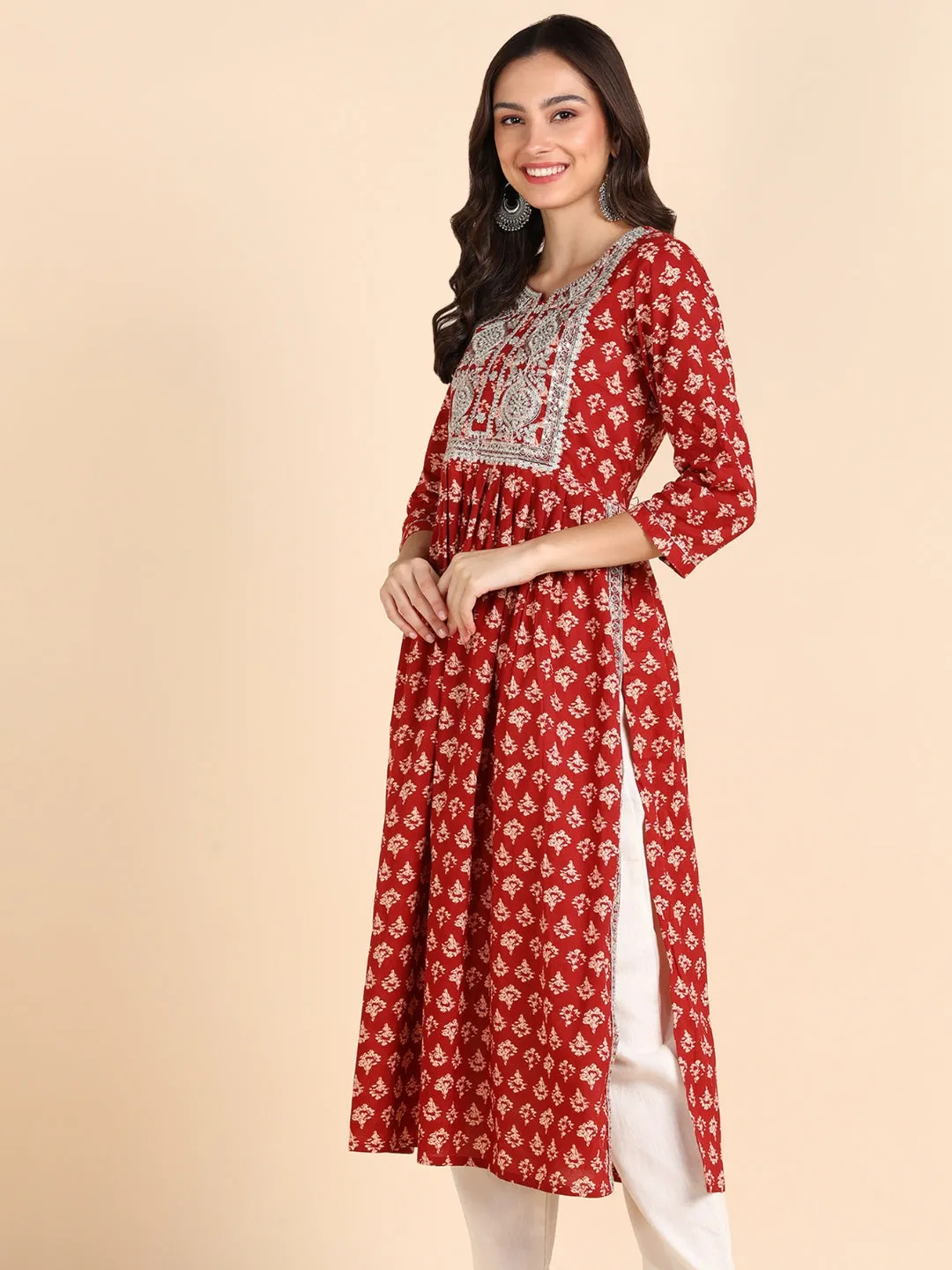 Classic Print Embroidered Nyra Cut Kurta- Red