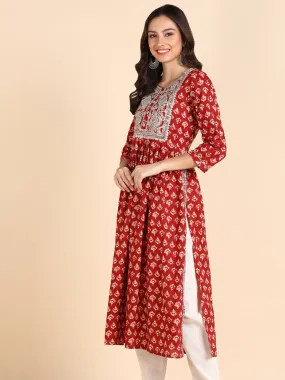 Classic Print Embroidered Nyra Cut Kurta- Red