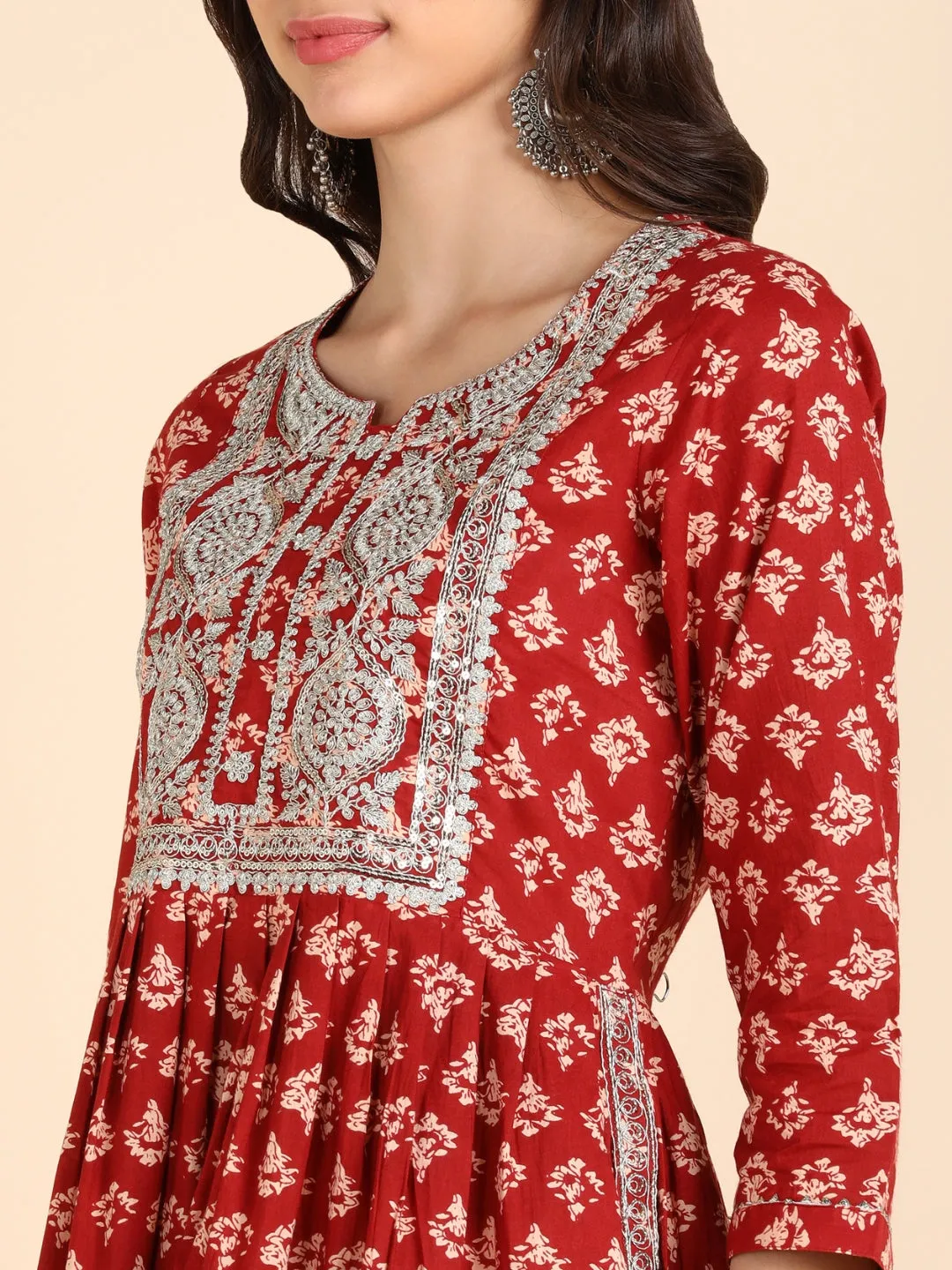 Classic Print Embroidered Nyra Cut Kurta- Red