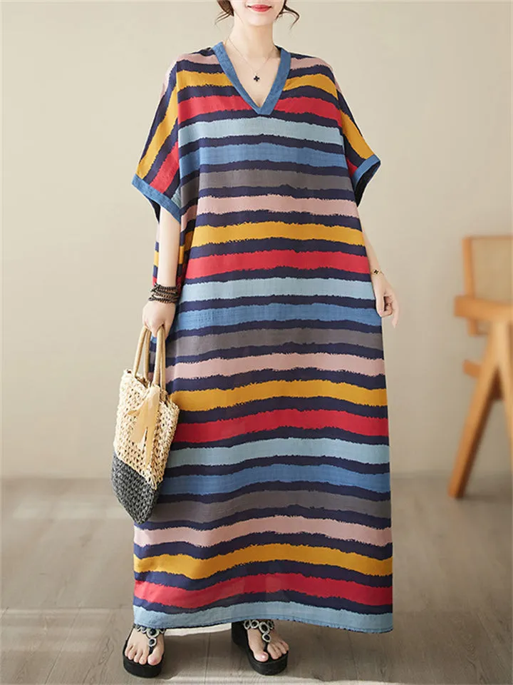 Colorful Stripes V Neck Vacation Long Dress for Women