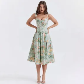 Cottagecore Floral Corset Midi Dress