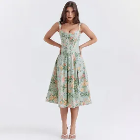 Cottagecore Floral Corset Midi Dress
