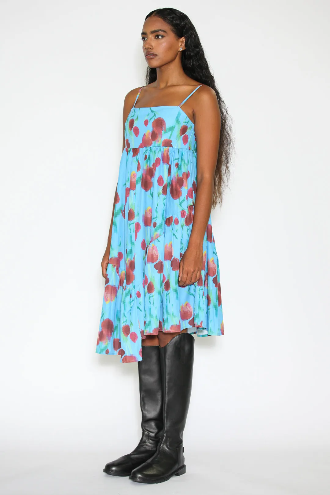 Cotton Asymmetrical Blue Abstract Floral Dress