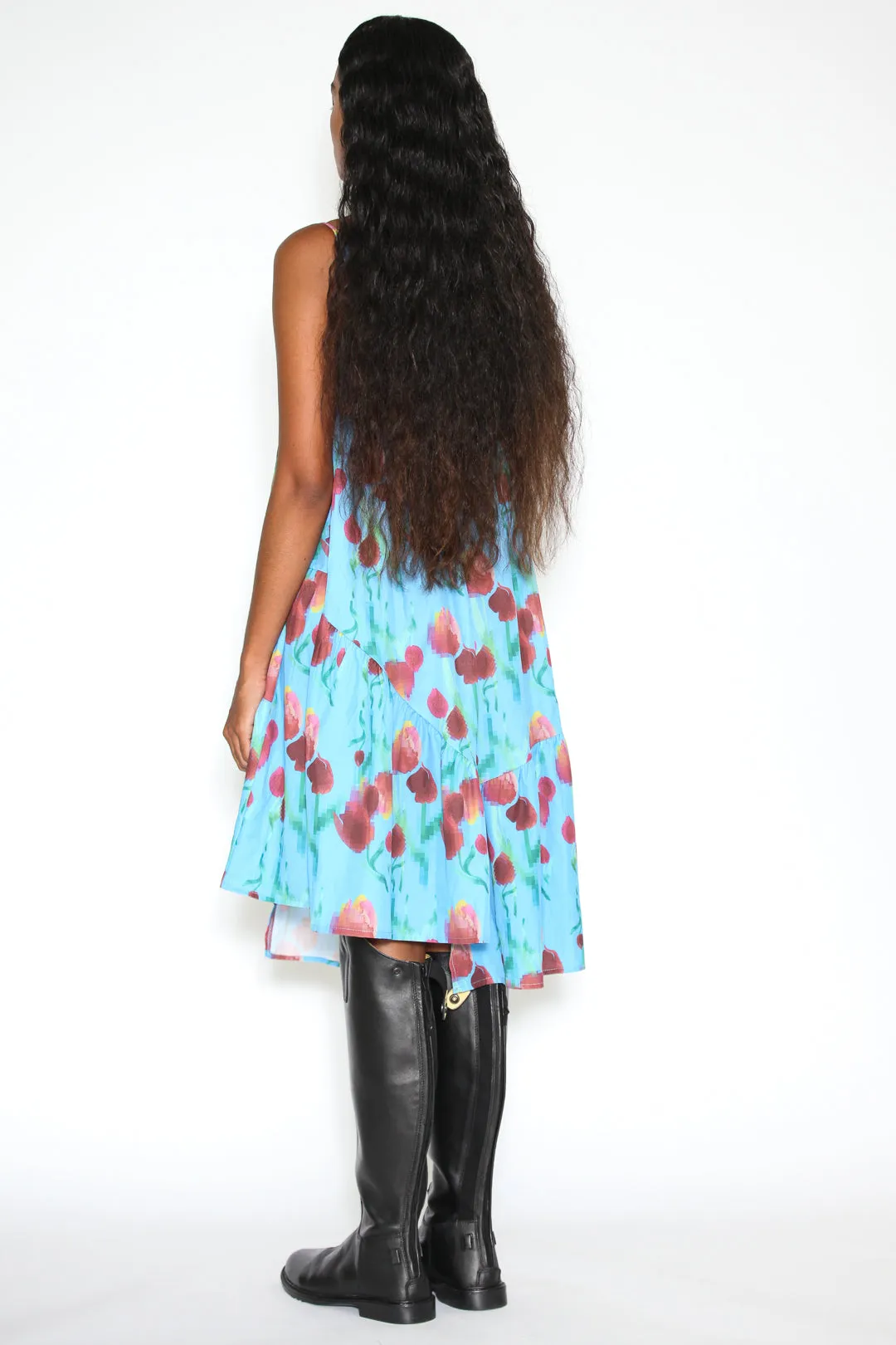 Cotton Asymmetrical Blue Abstract Floral Dress