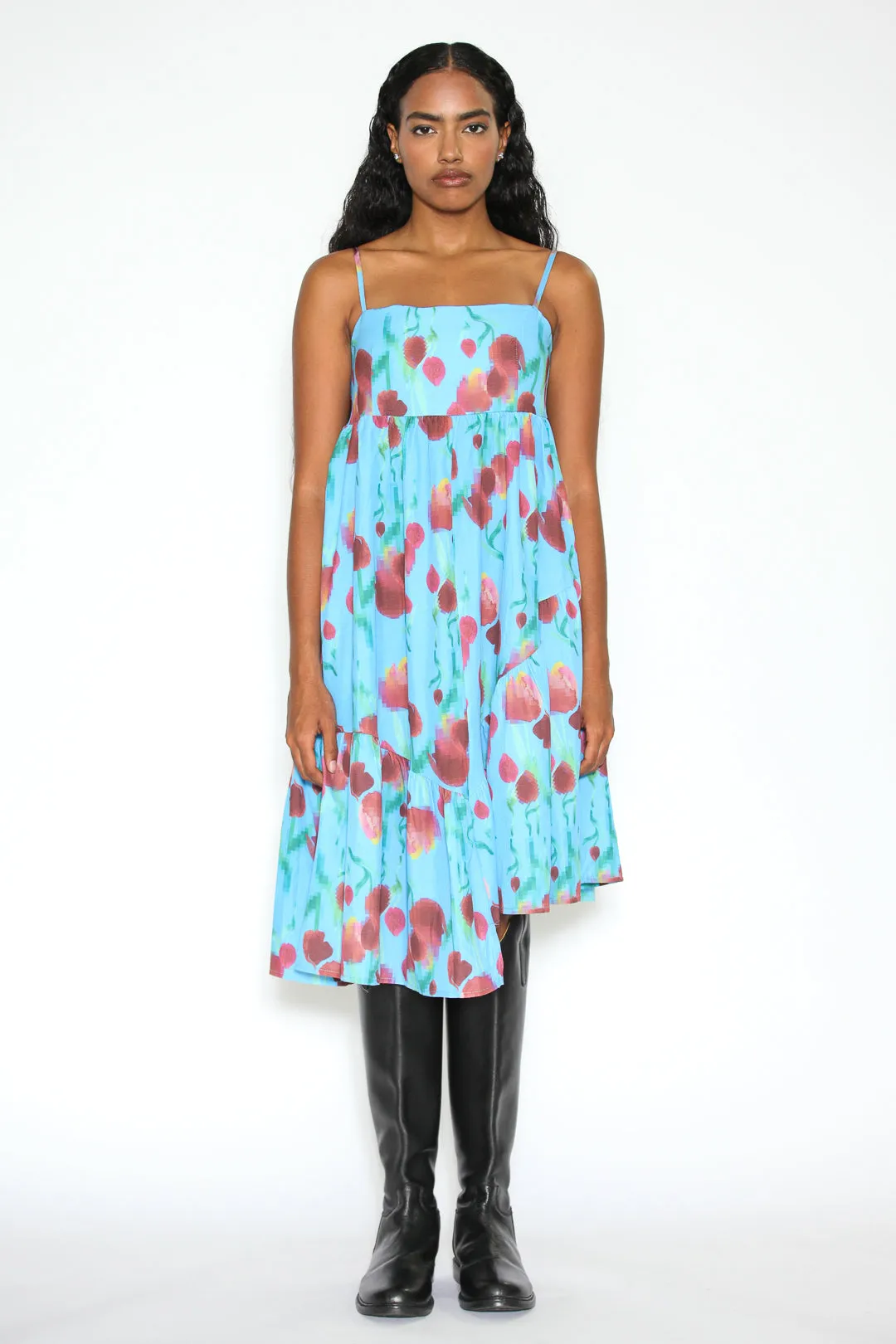 Cotton Asymmetrical Blue Abstract Floral Dress