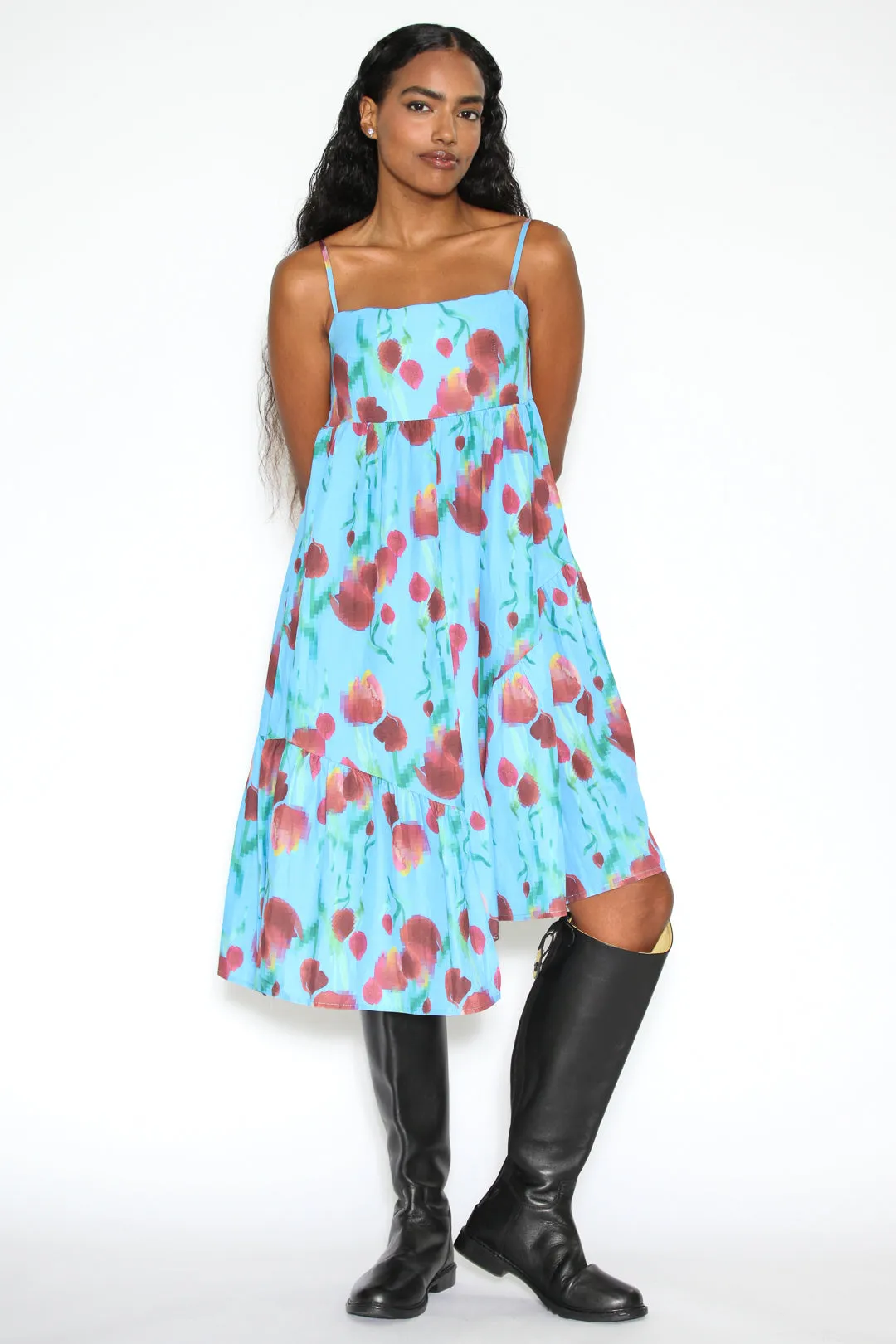 Cotton Asymmetrical Blue Abstract Floral Dress
