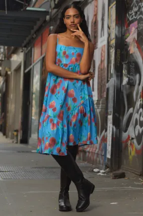 Cotton Asymmetrical Blue Abstract Floral Dress