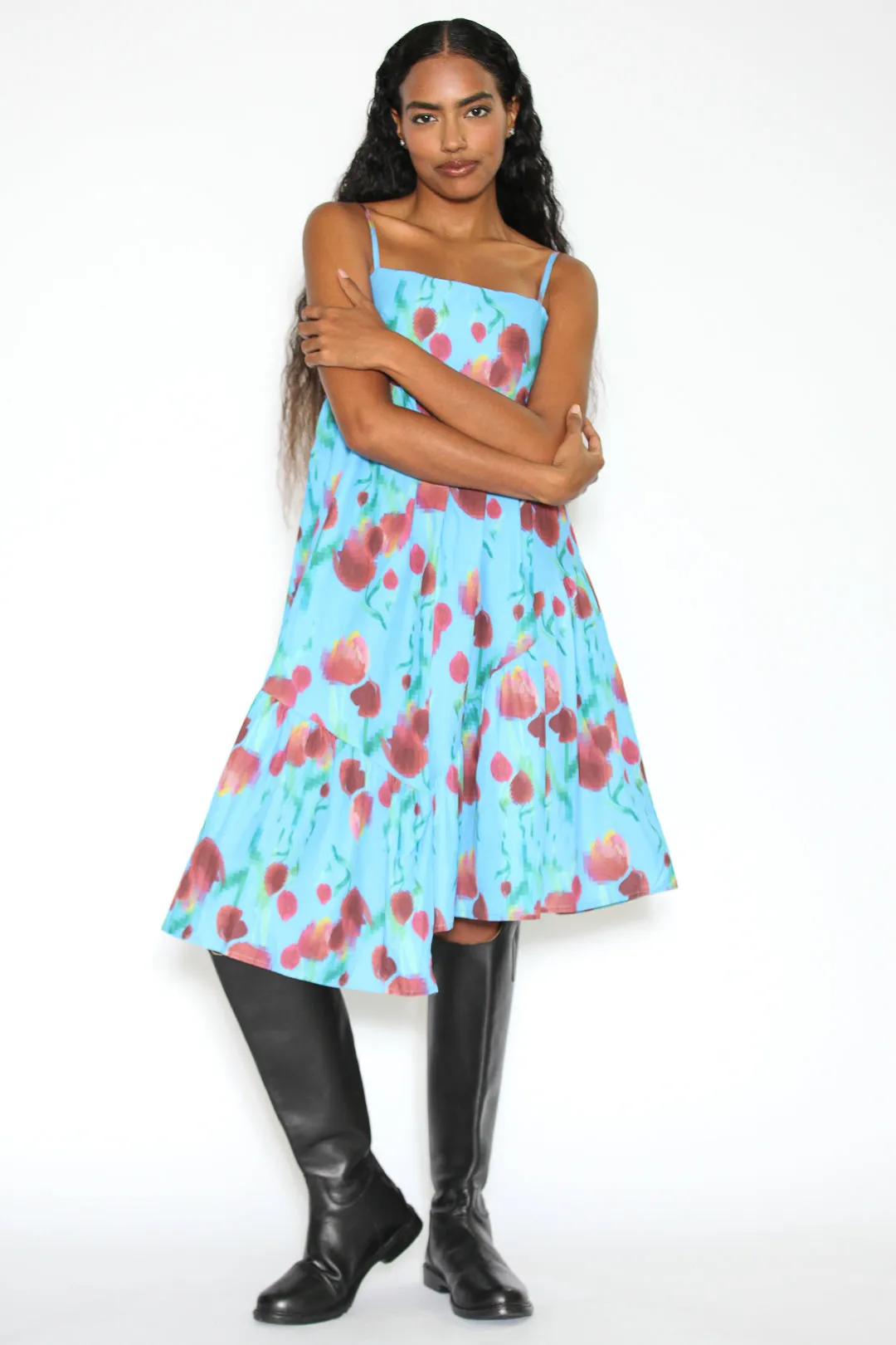 Cotton Asymmetrical Blue Abstract Floral Dress
