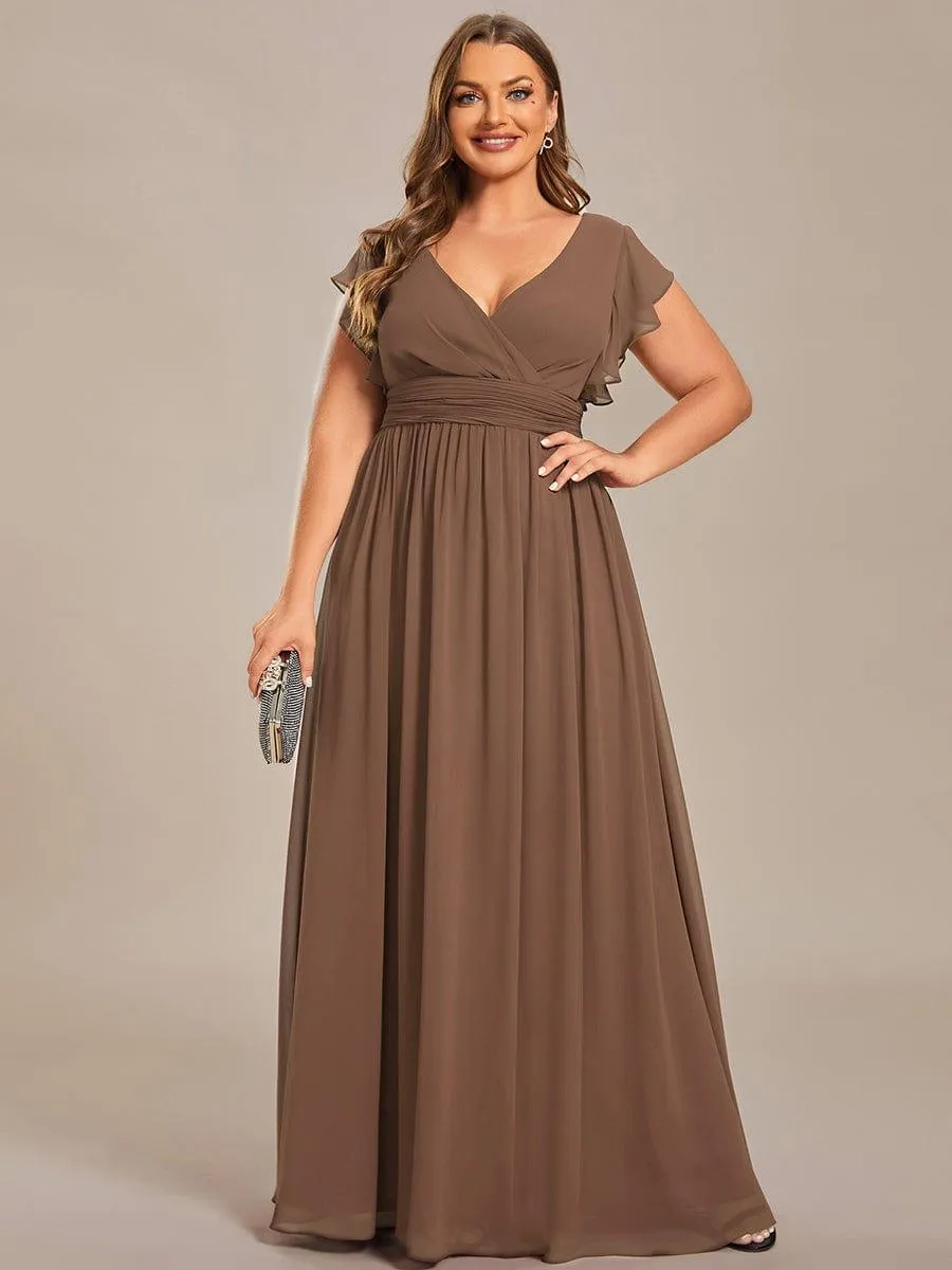 Custom Size Back Cutout A-Line Pleated Ruffles Sleeve Chiffon Bridesmaid Dress