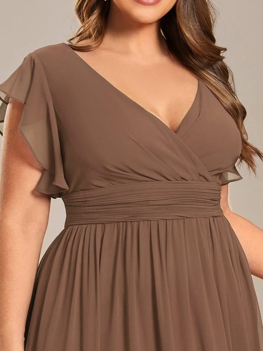 Custom Size Back Cutout A-Line Pleated Ruffles Sleeve Chiffon Bridesmaid Dress
