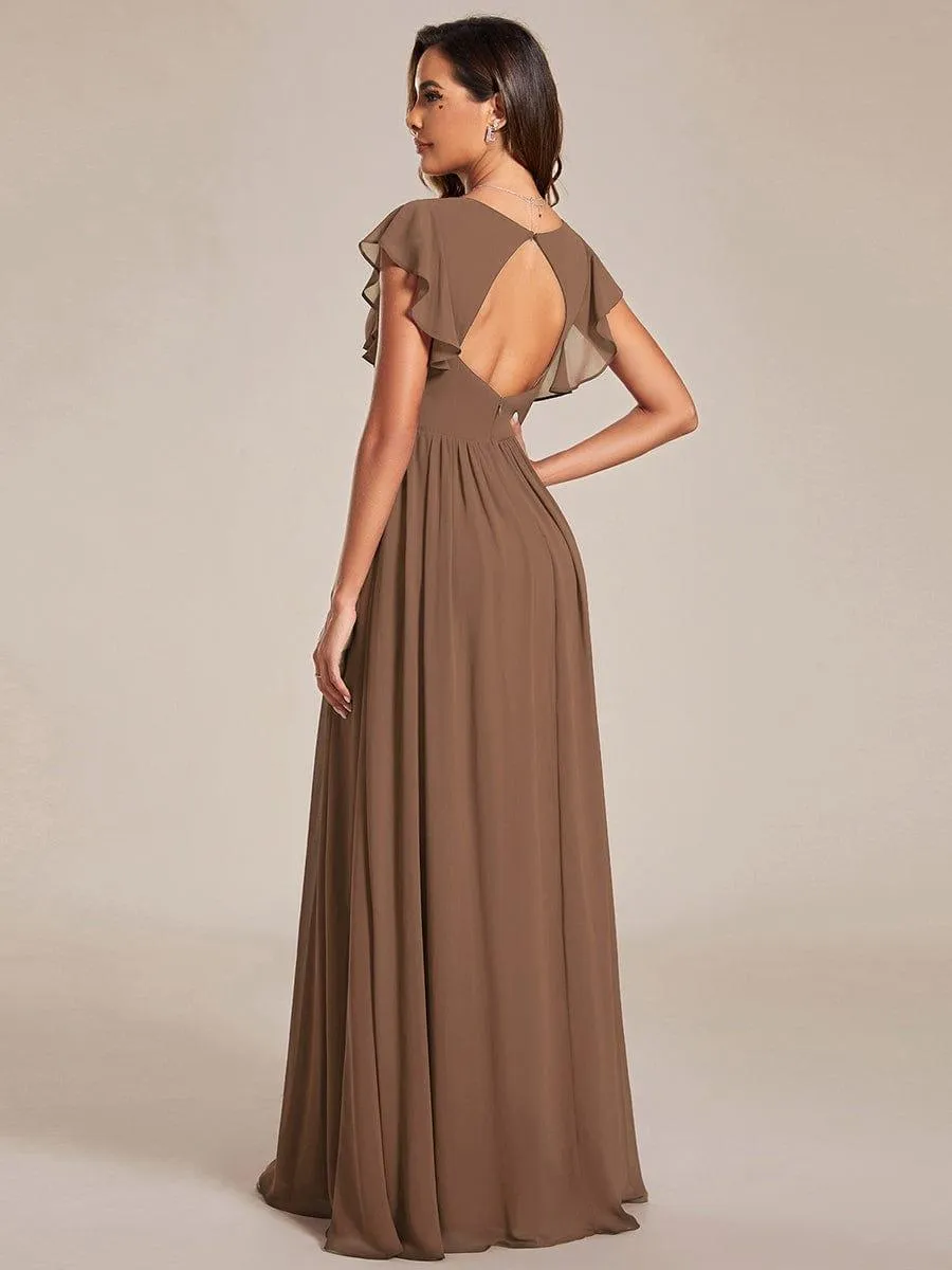 Custom Size Back Cutout A-Line Pleated Ruffles Sleeve Chiffon Bridesmaid Dress