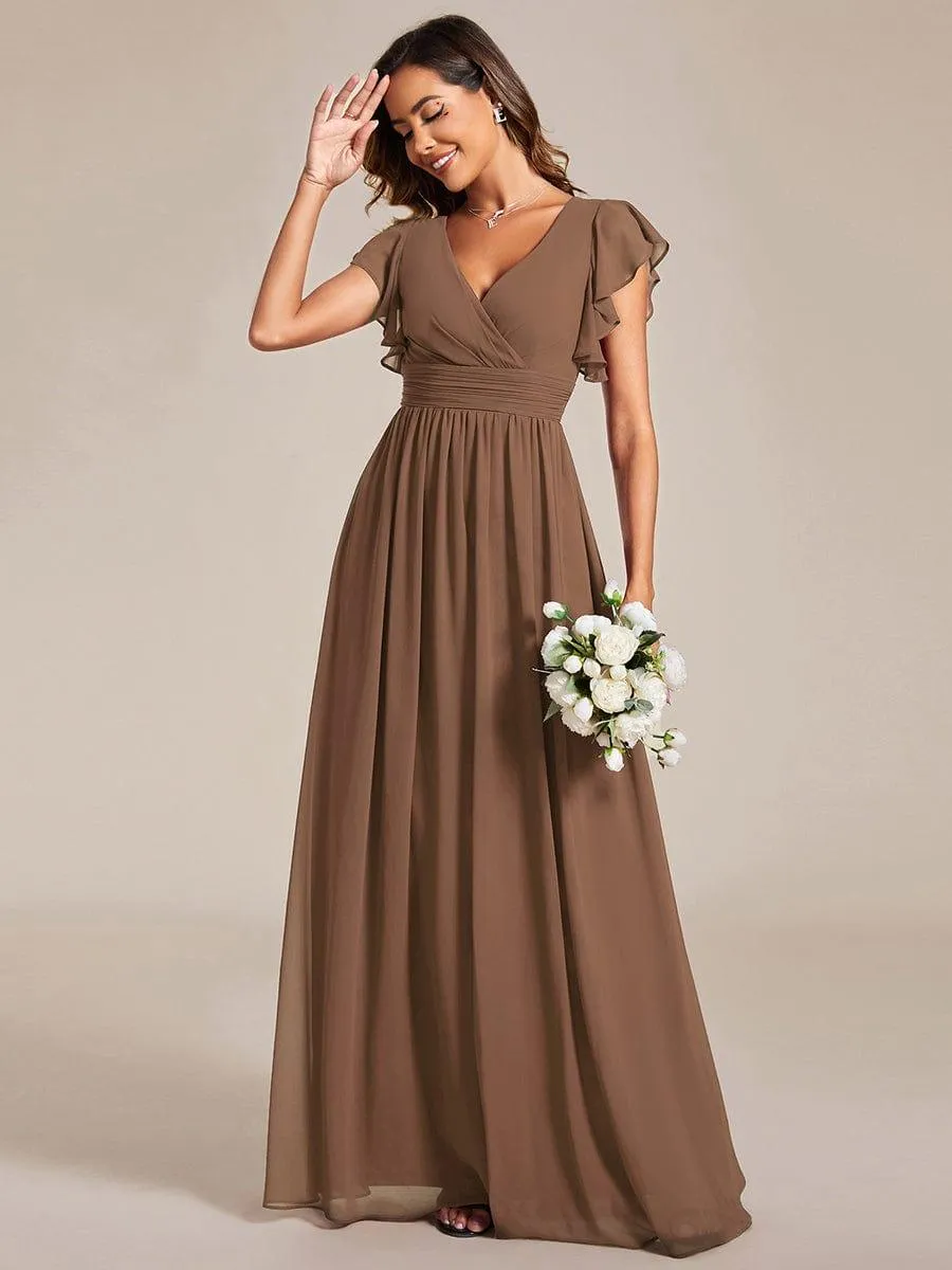 Custom Size Back Cutout A-Line Pleated Ruffles Sleeve Chiffon Bridesmaid Dress