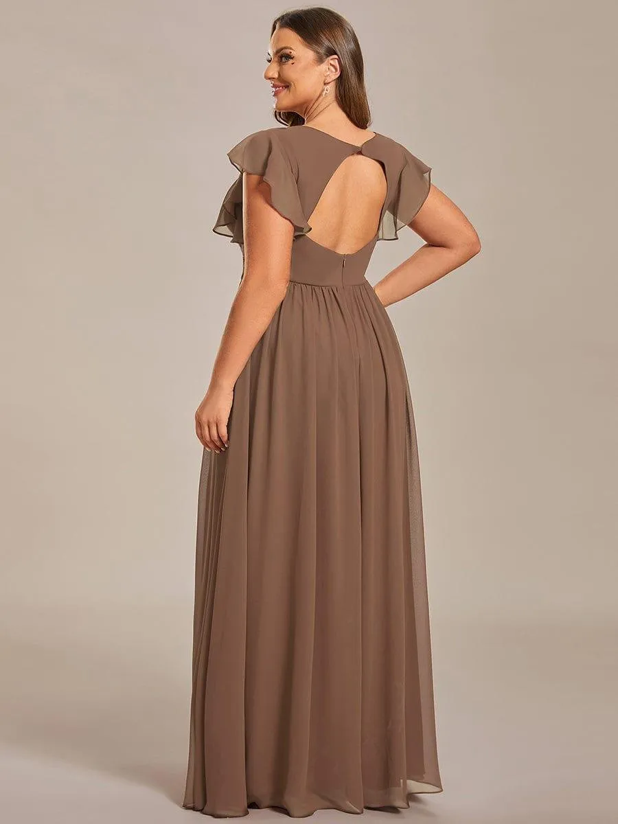 Custom Size Back Cutout A-Line Pleated Ruffles Sleeve Chiffon Bridesmaid Dress
