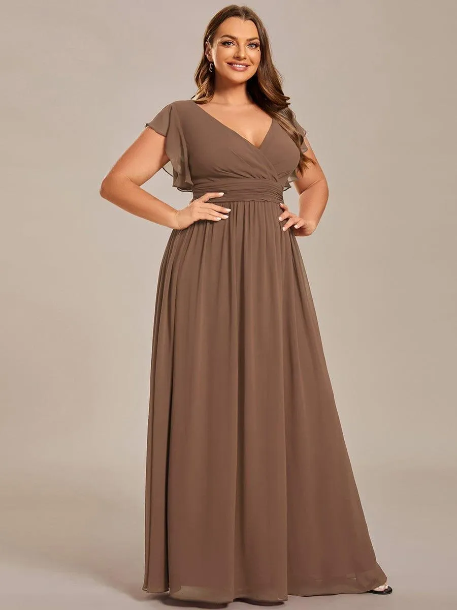 Custom Size Back Cutout A-Line Pleated Ruffles Sleeve Chiffon Bridesmaid Dress