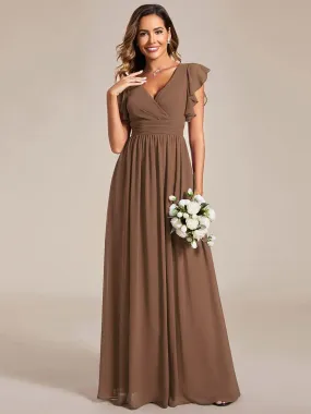 Custom Size Back Cutout A-Line Pleated Ruffles Sleeve Chiffon Bridesmaid Dress
