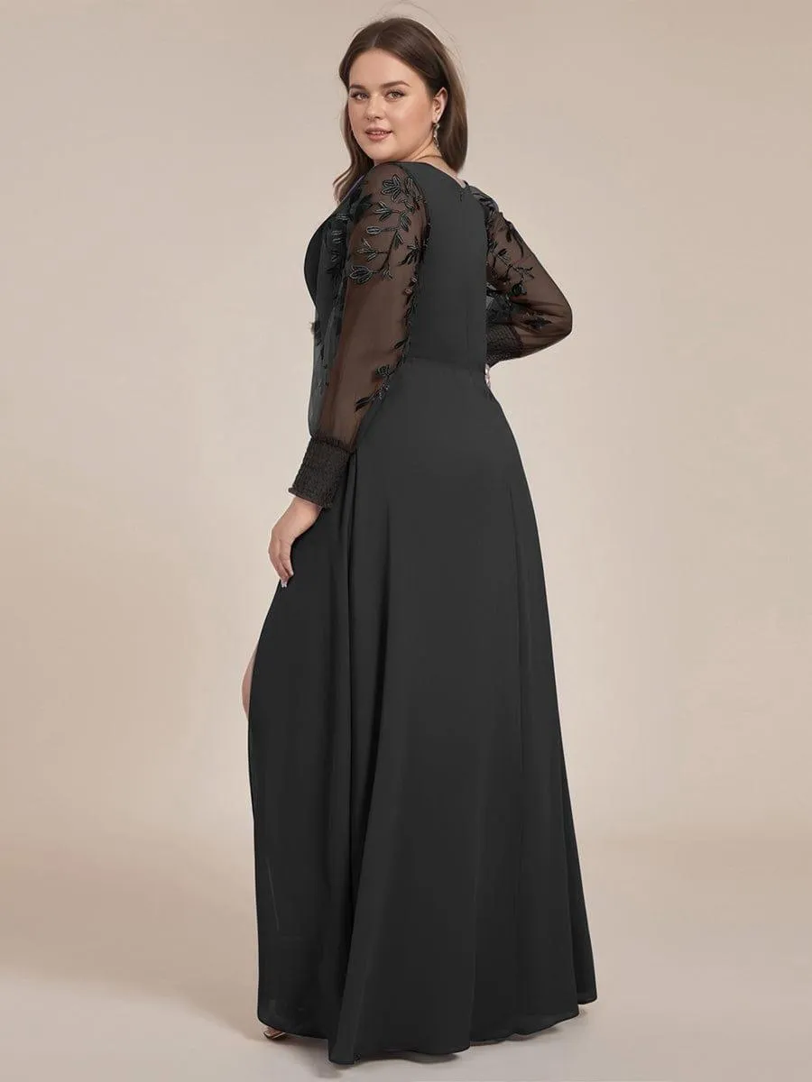 Diane | Plus Size High Slit Embroidered Long Sleeve Chiffon Formal Evening Dress